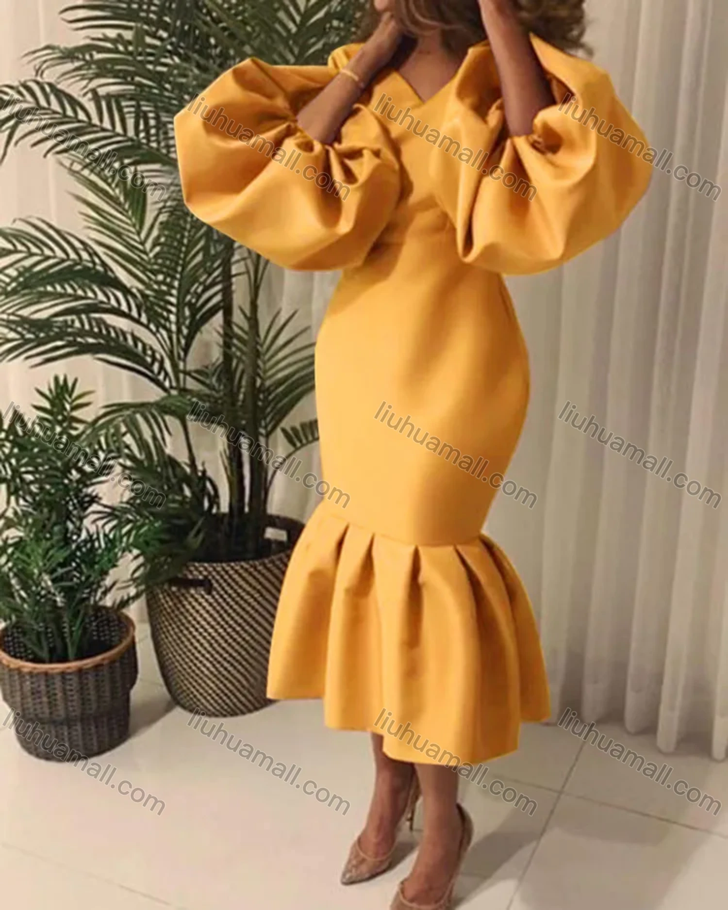 Wholesale Women's Plain V Neck Balloon Sleeve Ruffle Hem Bodycon Cocktail Midi Dress - Liuhuamall