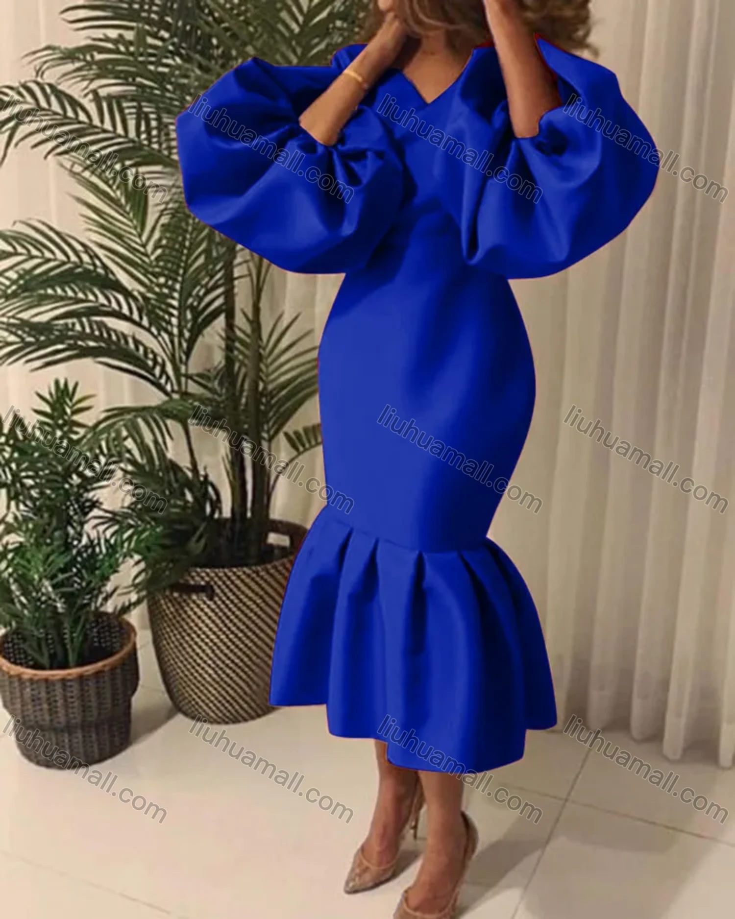 Wholesale Women's Plain V Neck Balloon Sleeve Ruffle Hem Bodycon Cocktail Midi Dress - Liuhuamall