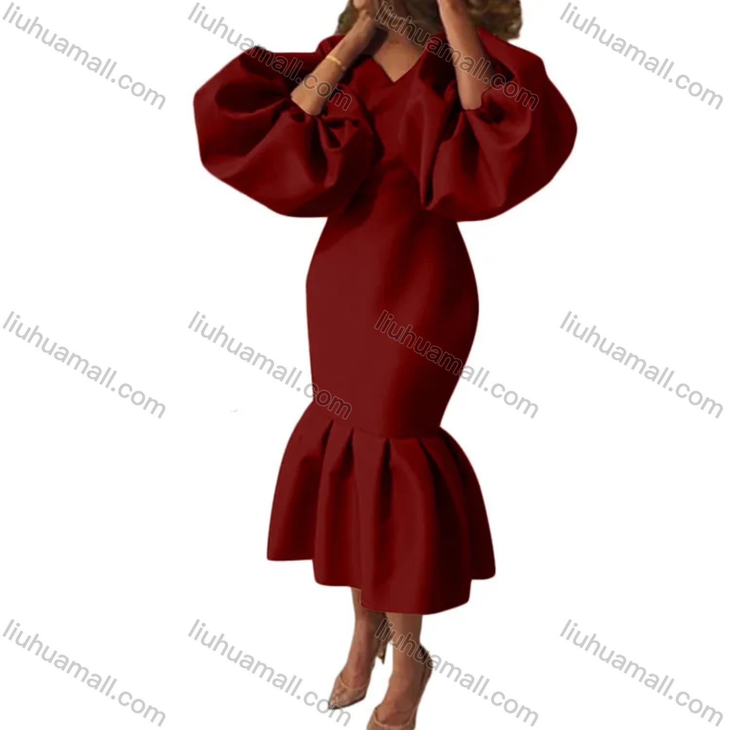 Wholesale Women's Plain V Neck Balloon Sleeve Ruffle Hem Bodycon Cocktail Midi Dress - Liuhuamall