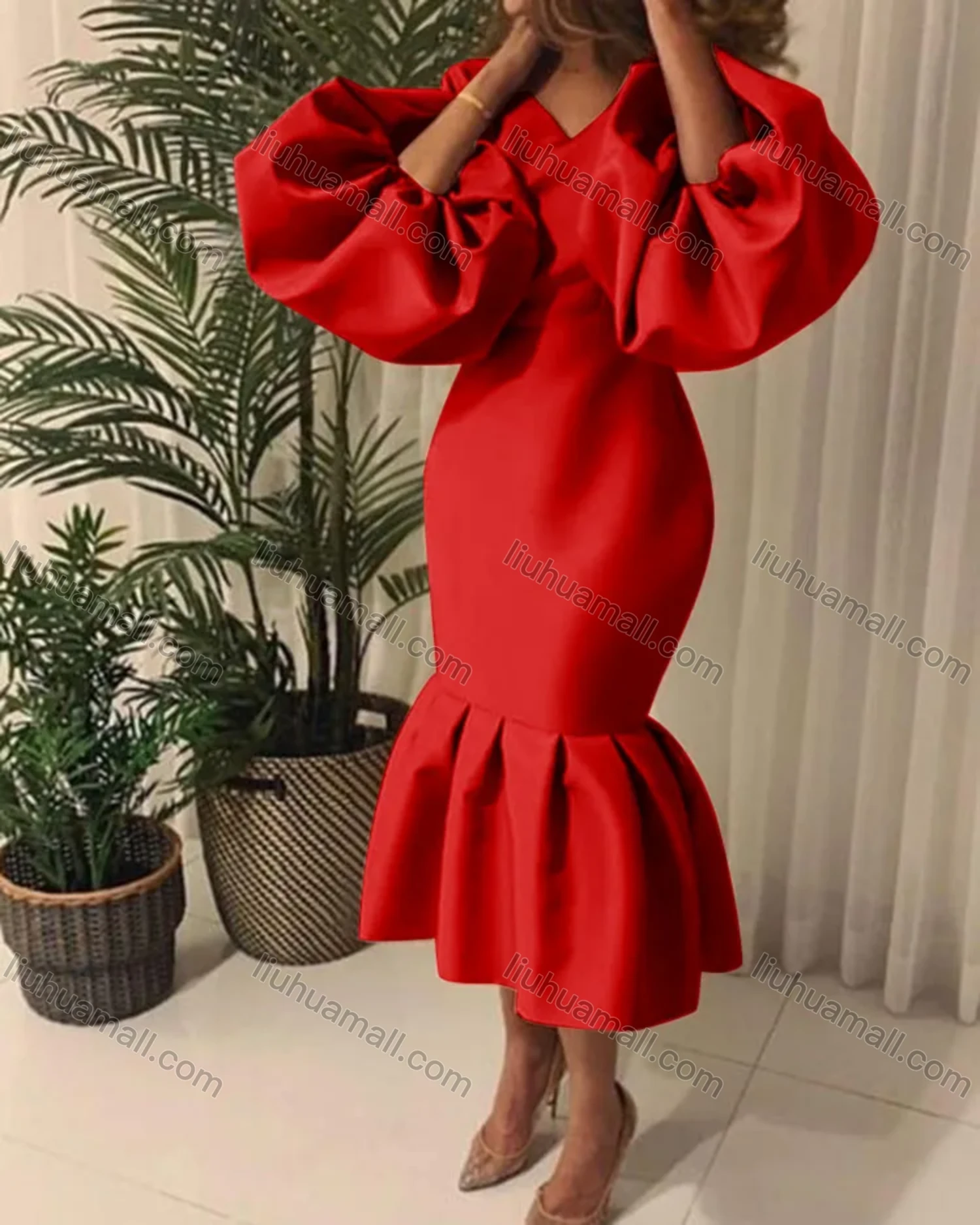 Wholesale Women's Plain V Neck Balloon Sleeve Ruffle Hem Bodycon Cocktail Midi Dress - Liuhuamall
