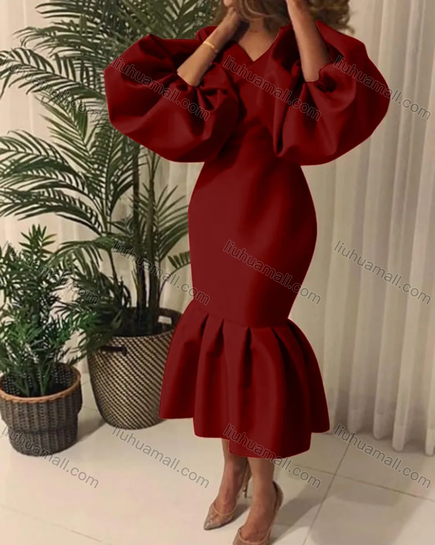 Wholesale Women's Plain V Neck Balloon Sleeve Ruffle Hem Bodycon Cocktail Midi Dress - Liuhuamall