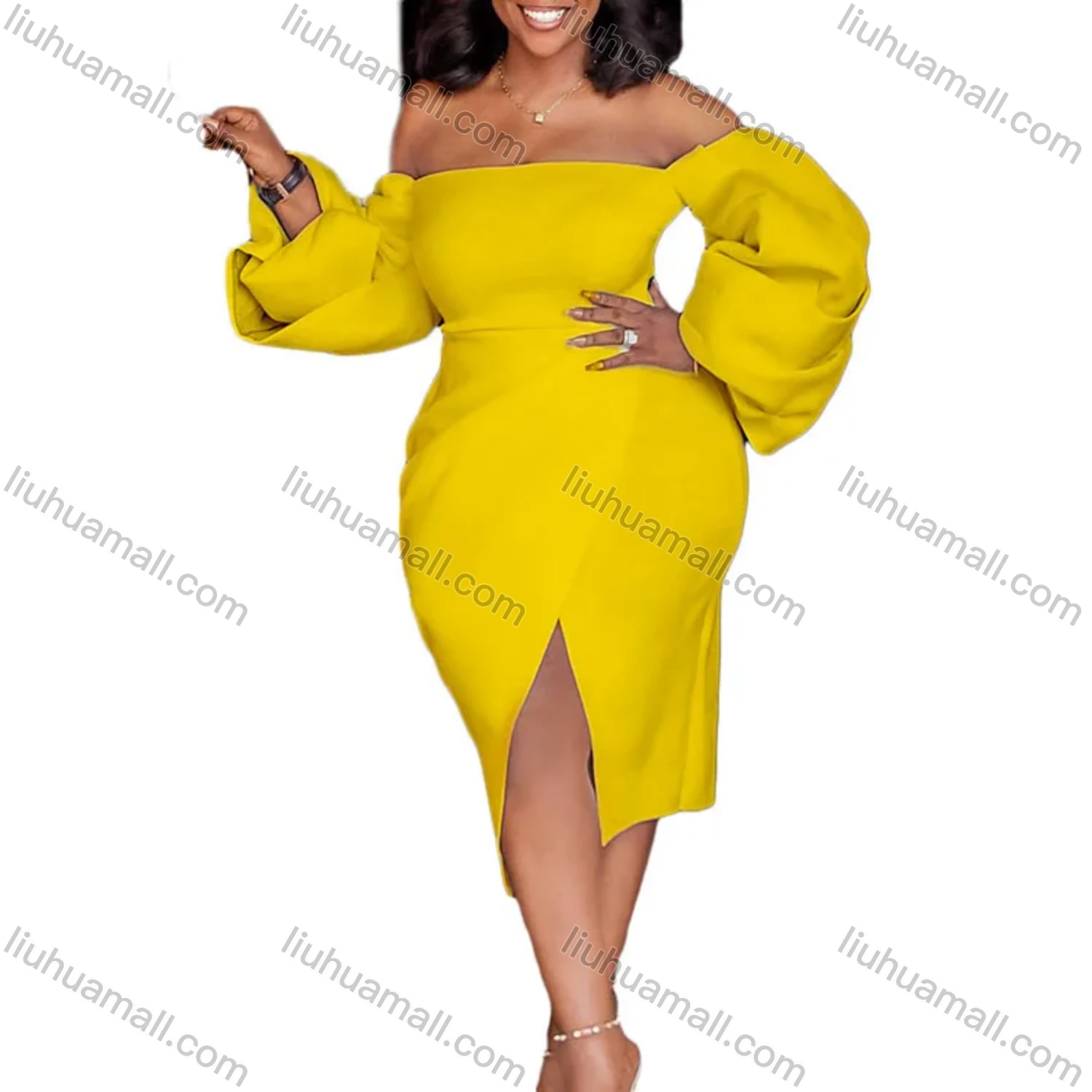 Wholesale Women's Plain Off Shoulder Bodycon Split Hem Cocktail Midi Dress - Liuhuamall