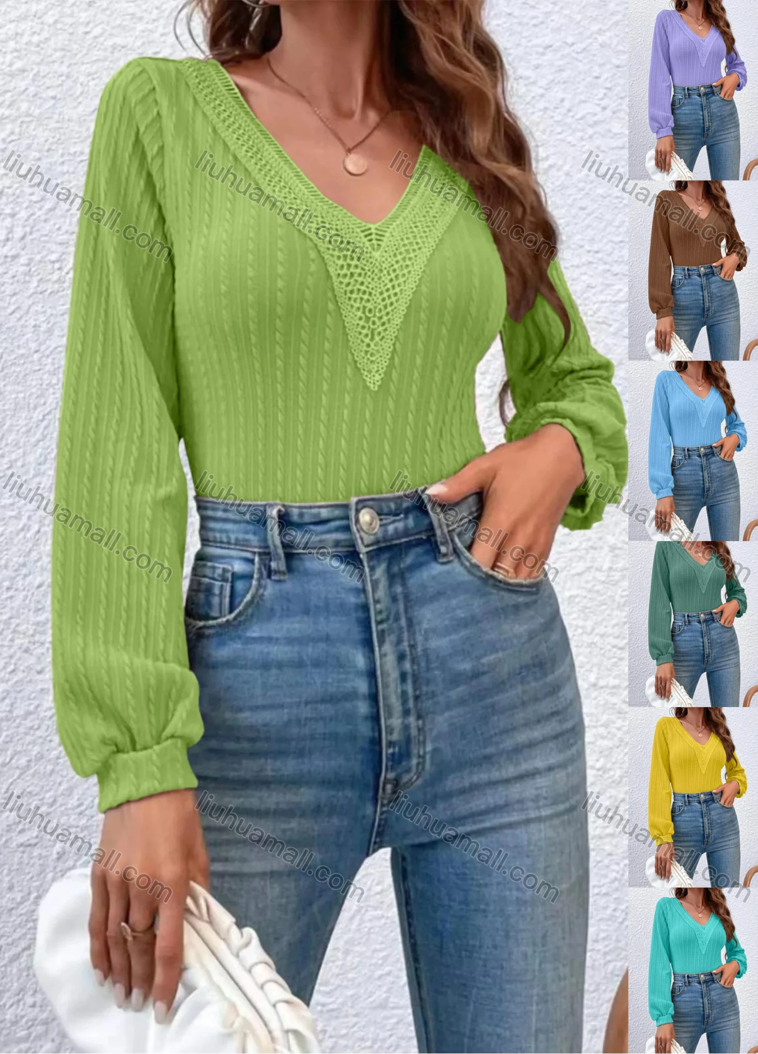 Wholesale Women's Casual Plain V Neck Lace Trim Long Sleeve Blouse - Liuhuamall