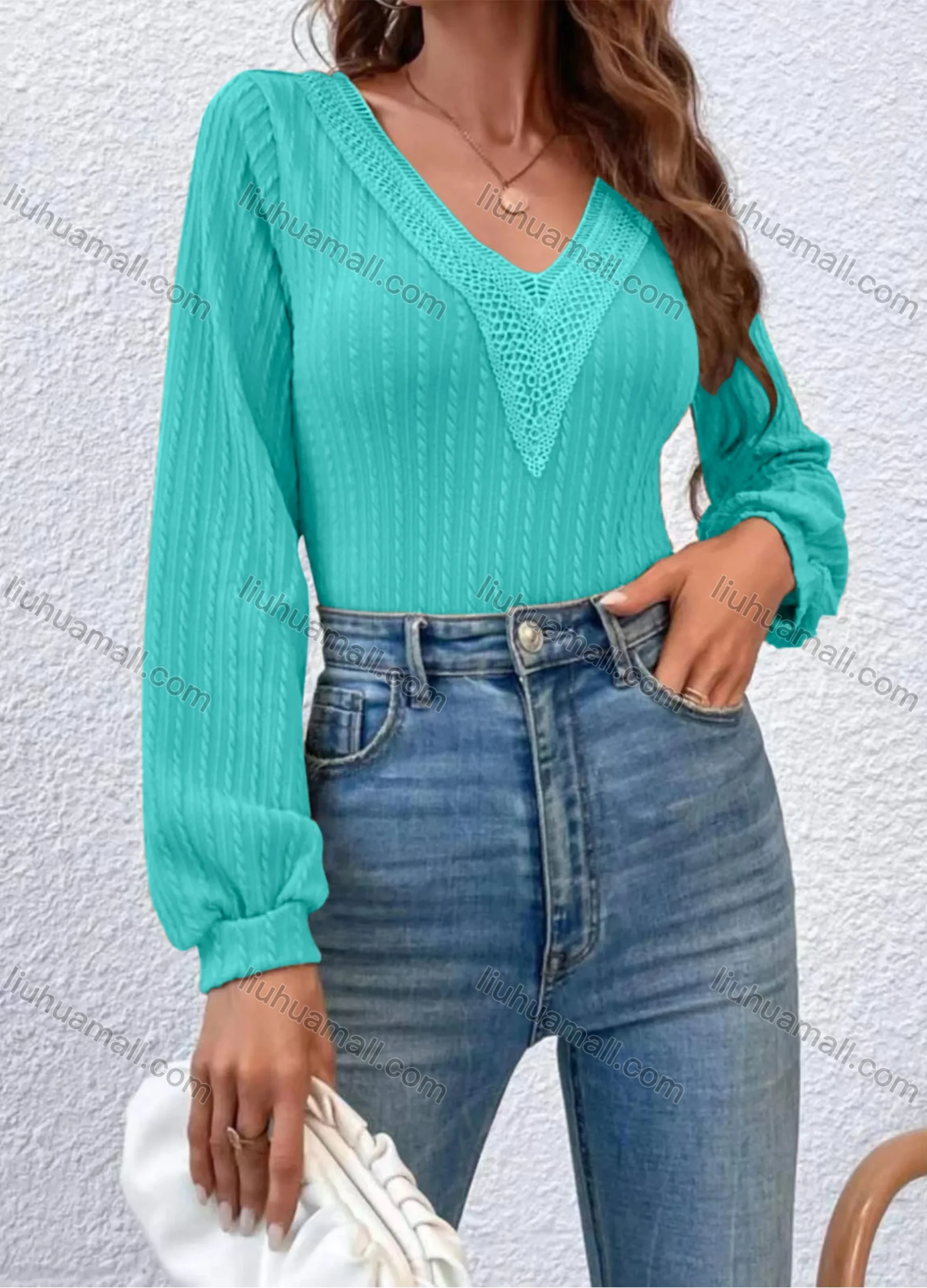 Wholesale Women's Casual Plain V Neck Lace Trim Long Sleeve Blouse - Liuhuamall