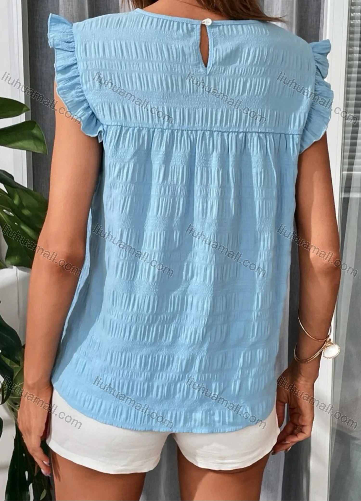 Wholesale Women's Casual Plain Round Neck Ruffle Trim Blouse - Liuhuamall