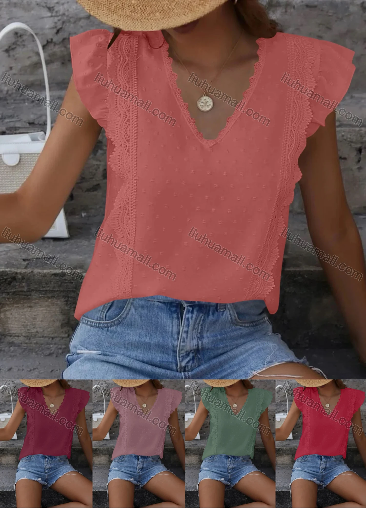 Wholesale Women's Casual Plain V Neck Lace Trim Ruffle Sleeve Blouse - Liuhuamall