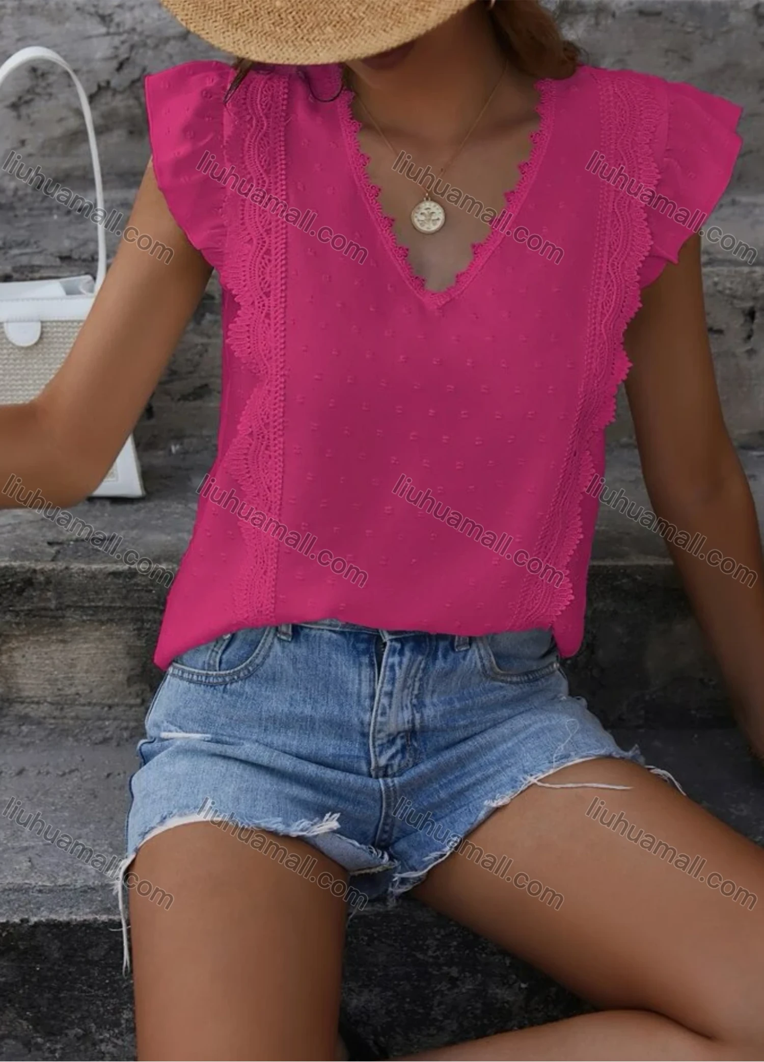 Wholesale Women's Casual Plain V Neck Lace Trim Ruffle Sleeve Blouse - Liuhuamall