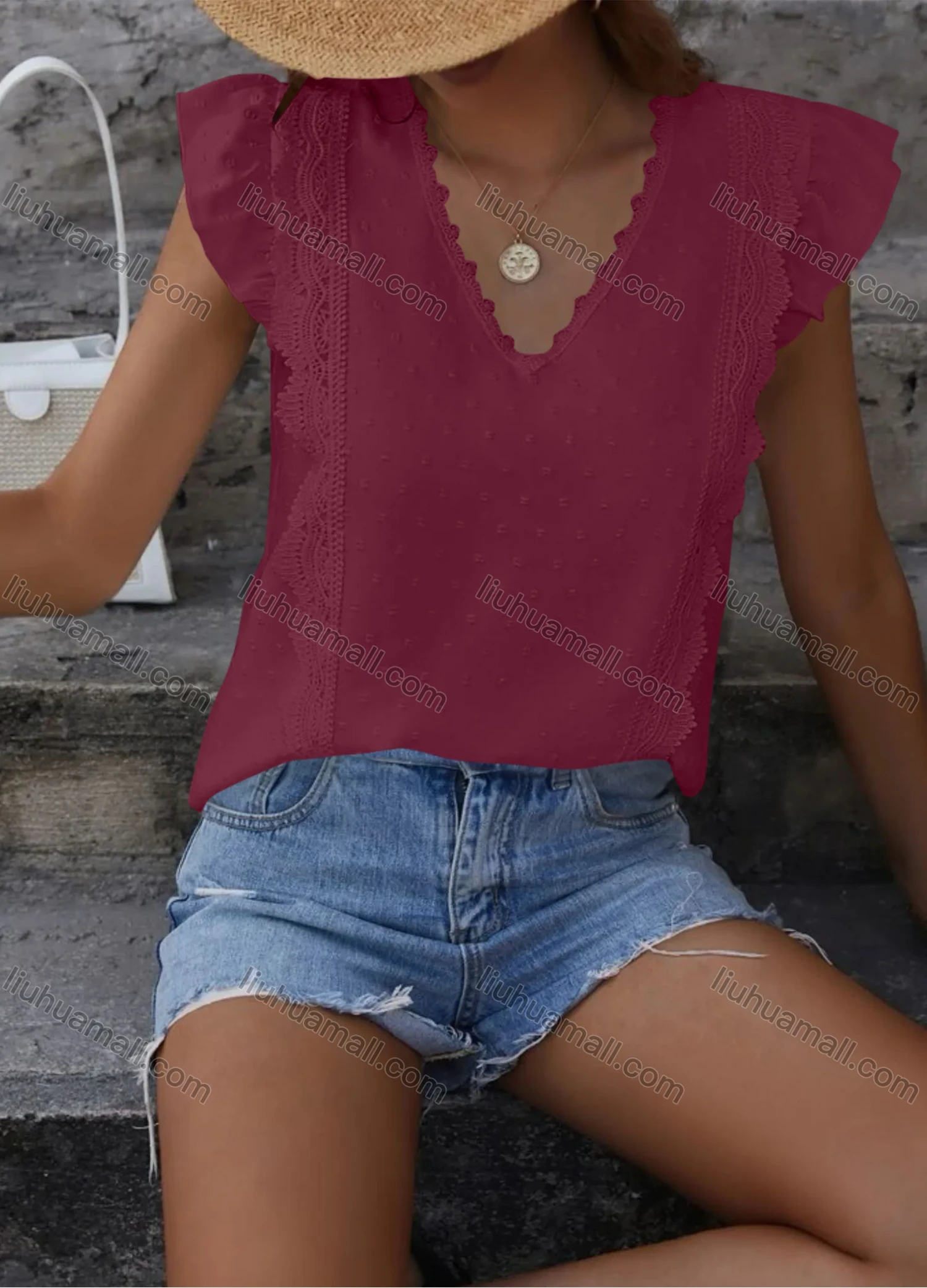 Wholesale Women's Casual Plain V Neck Lace Trim Ruffle Sleeve Blouse - Liuhuamall