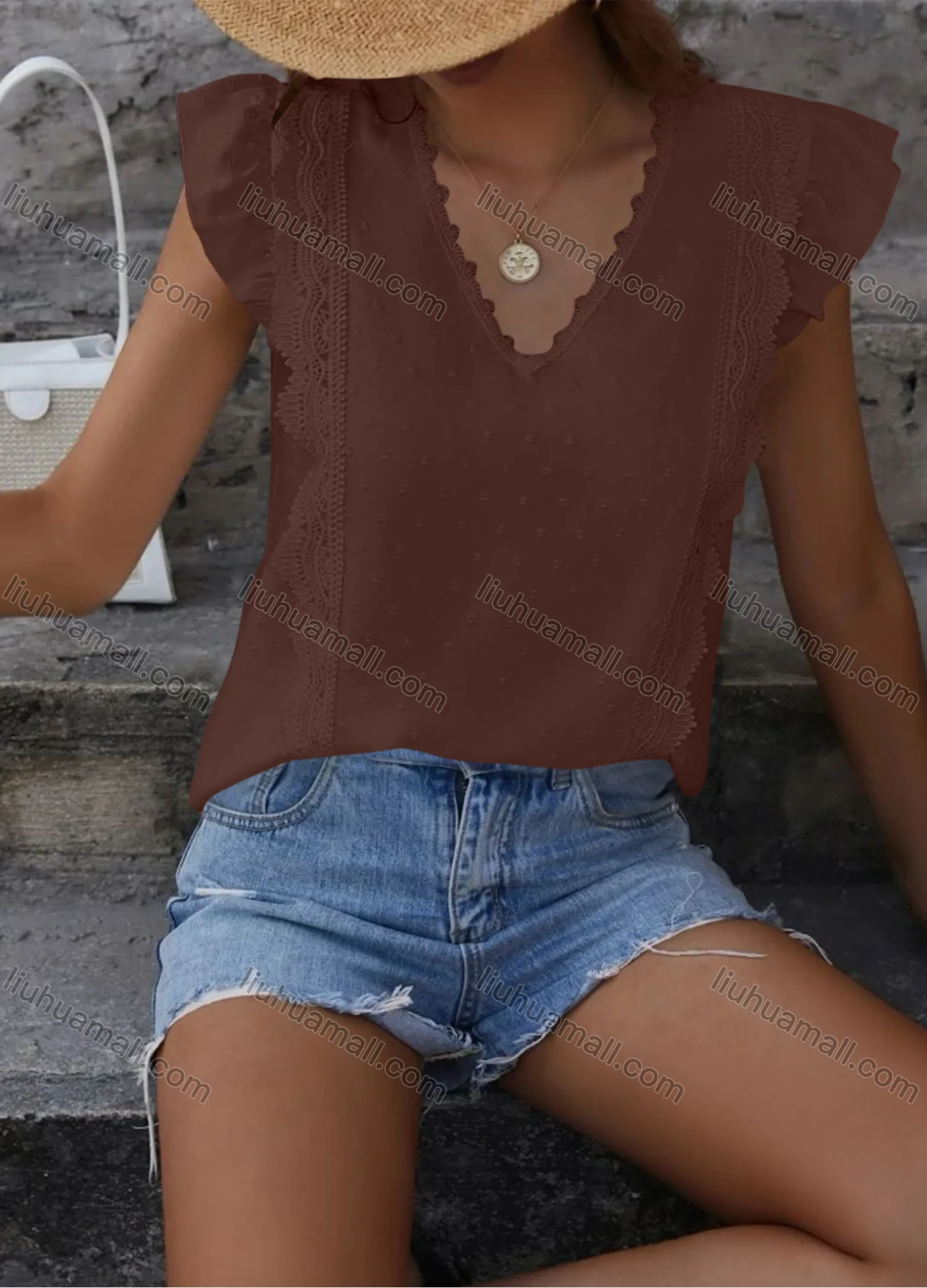 Wholesale Women's Casual Plain V Neck Lace Trim Ruffle Sleeve Blouse - Liuhuamall