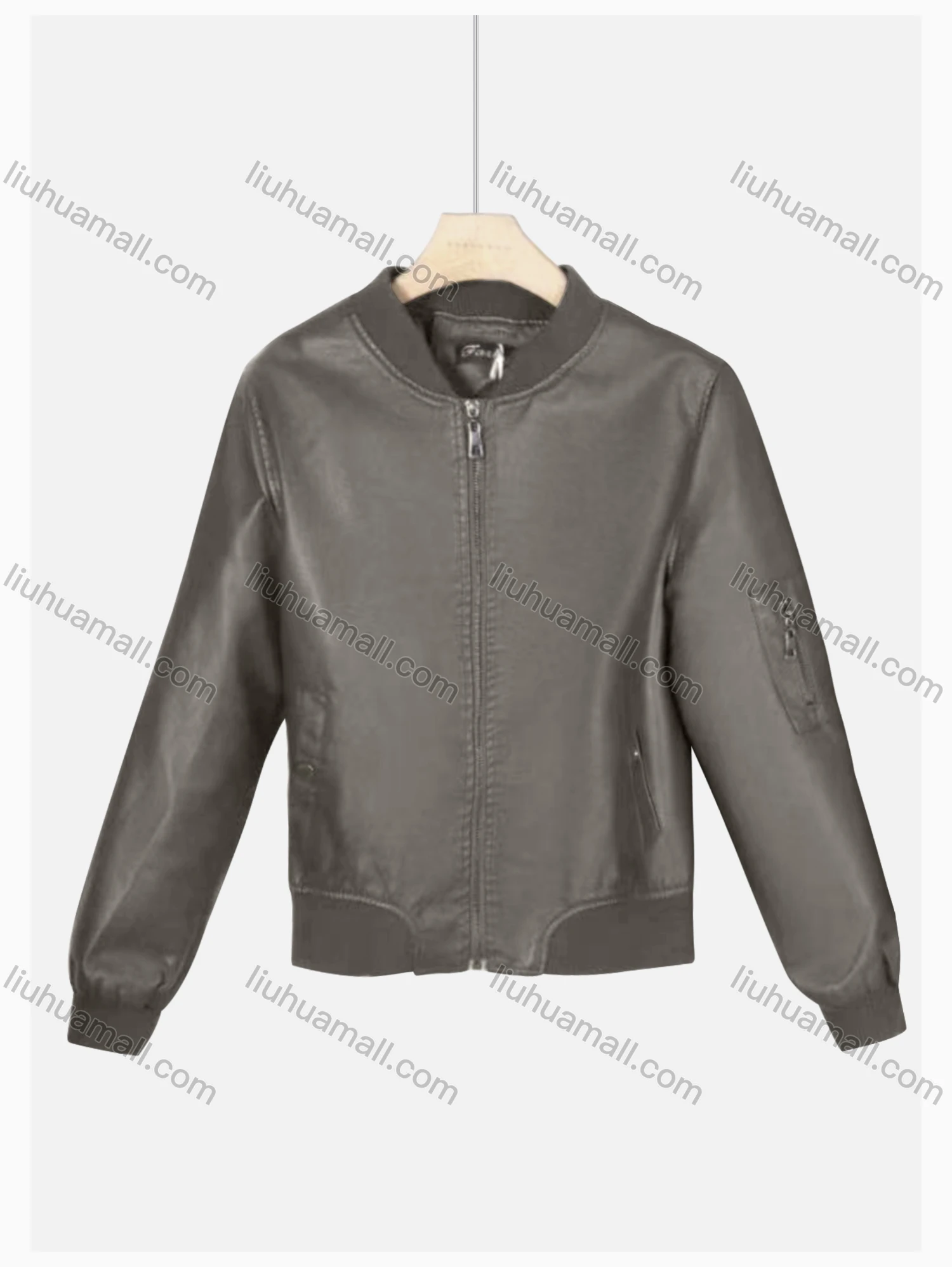 Wholesale Women's Casual Stand Collar Long Sleeve Zipper Plain Leather Bomber Jacket - Liuhuamall
