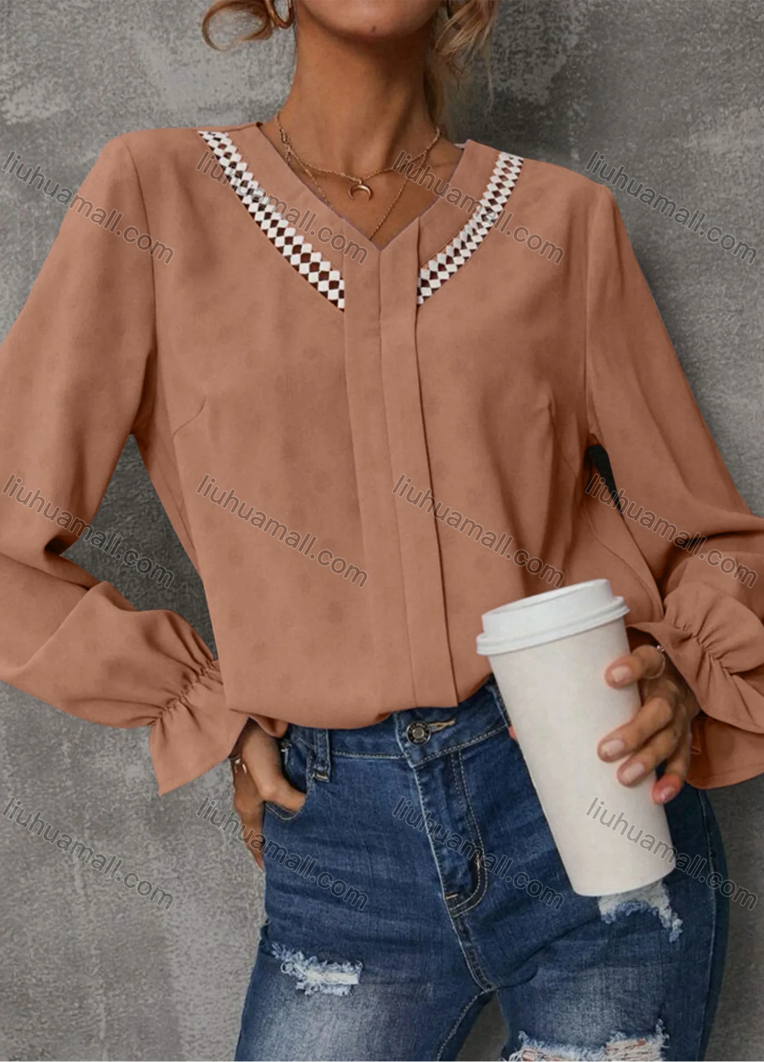 Wholesale Women's Casual Plain Striped V Neck Long Sleeve Blouse - Liuhuamall