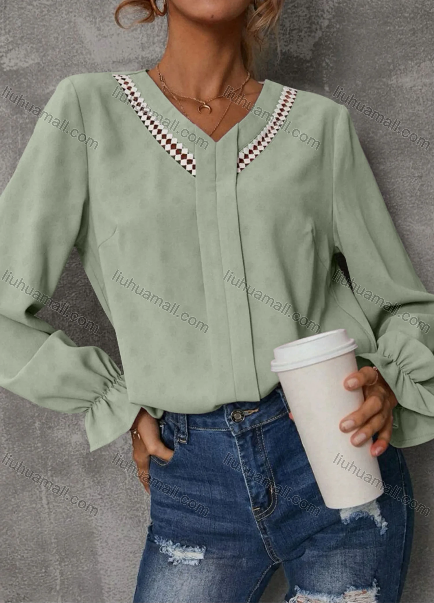 Wholesale Women's Casual Plain Striped V Neck Long Sleeve Blouse - Liuhuamall