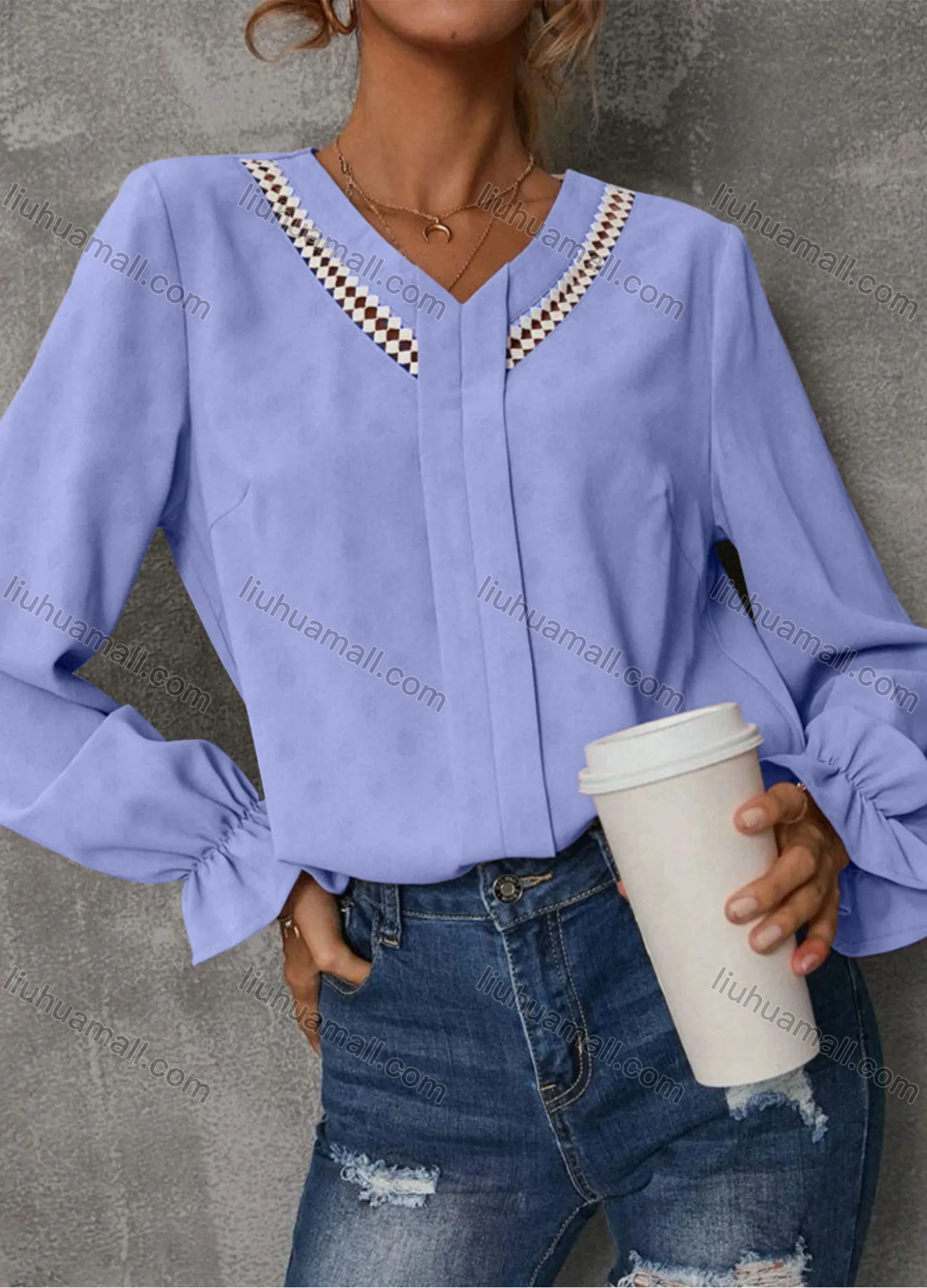 Wholesale Women's Casual Plain Striped V Neck Long Sleeve Blouse - Liuhuamall