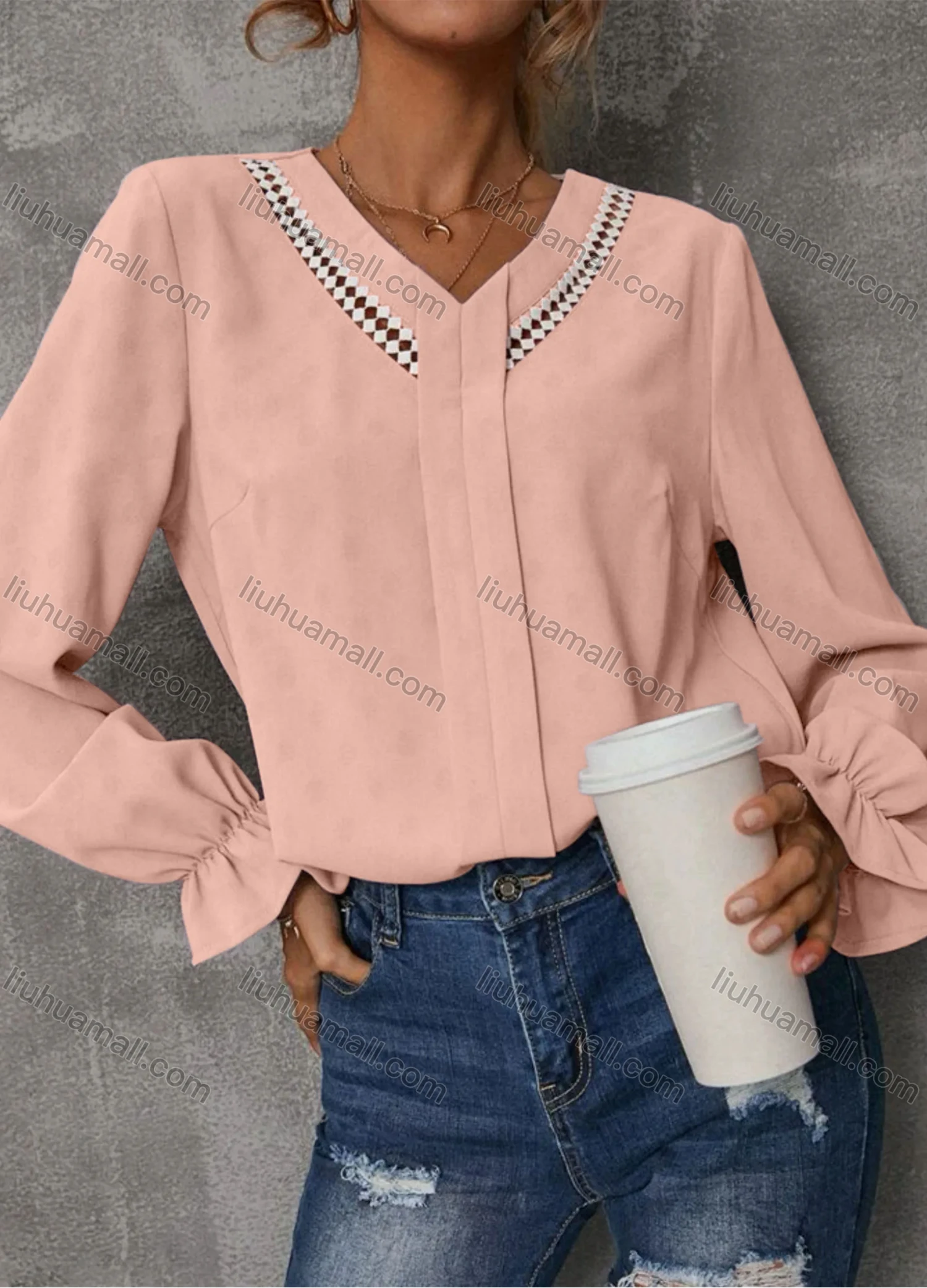 Wholesale Women's Casual Plain Striped V Neck Long Sleeve Blouse - Liuhuamall