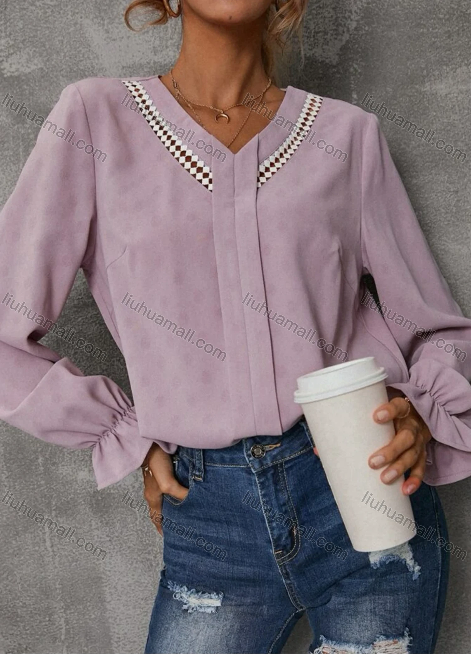 Wholesale Women's Casual Plain Striped V Neck Long Sleeve Blouse - Liuhuamall