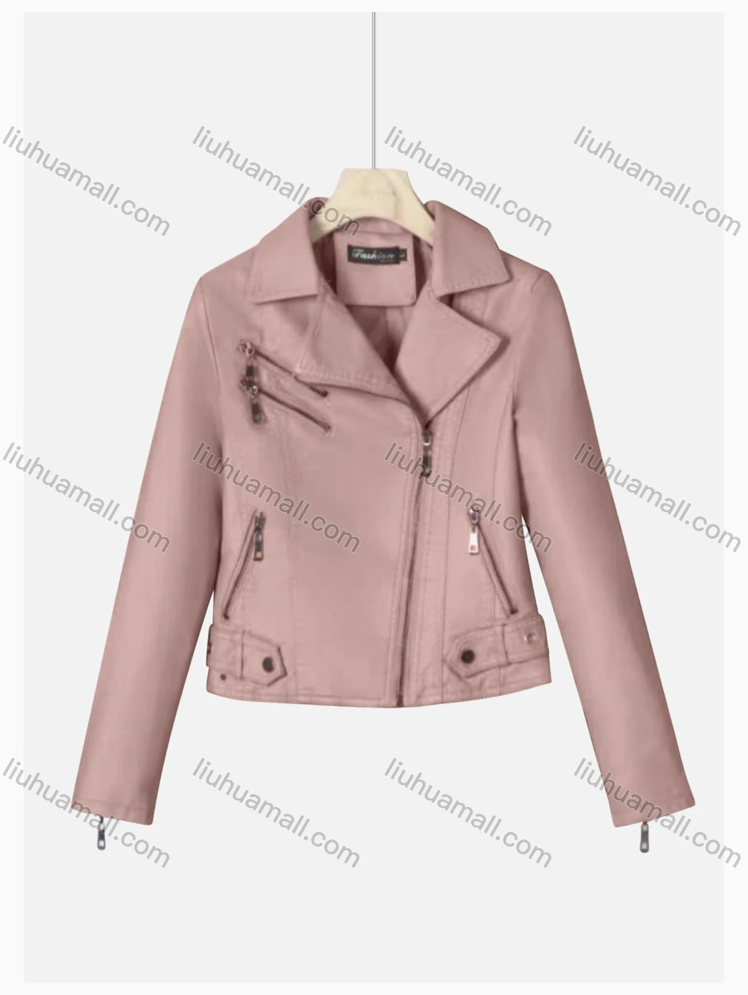 Wholesale Women's Casual Lapel Long Sleeve Zipper Plain Leather Crop Biker Jacket - Liuhuamall