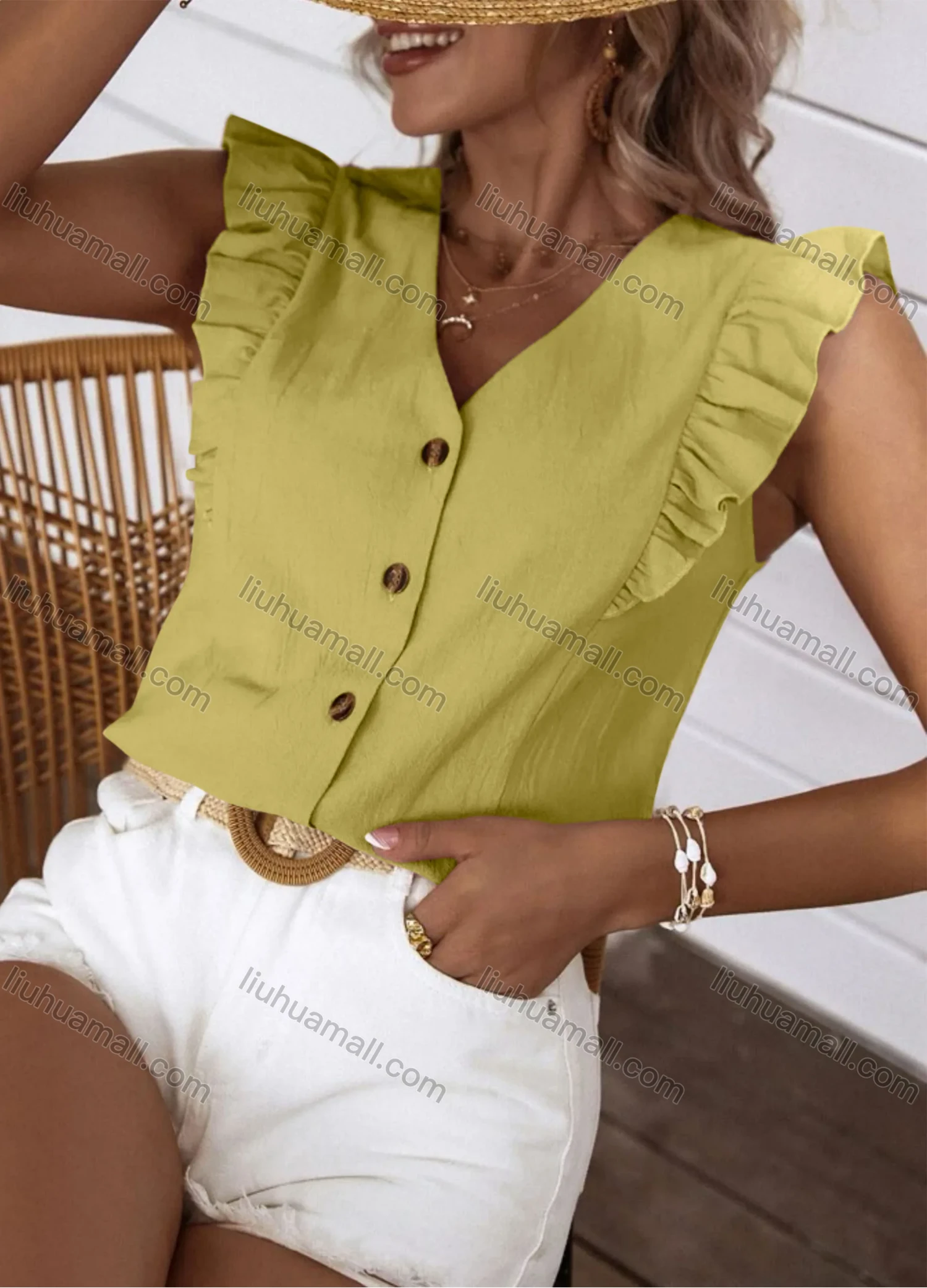 Wholesale Women's Casual Plain V Neck Button Down Ruffle Trim Blouse - Liuhuamall