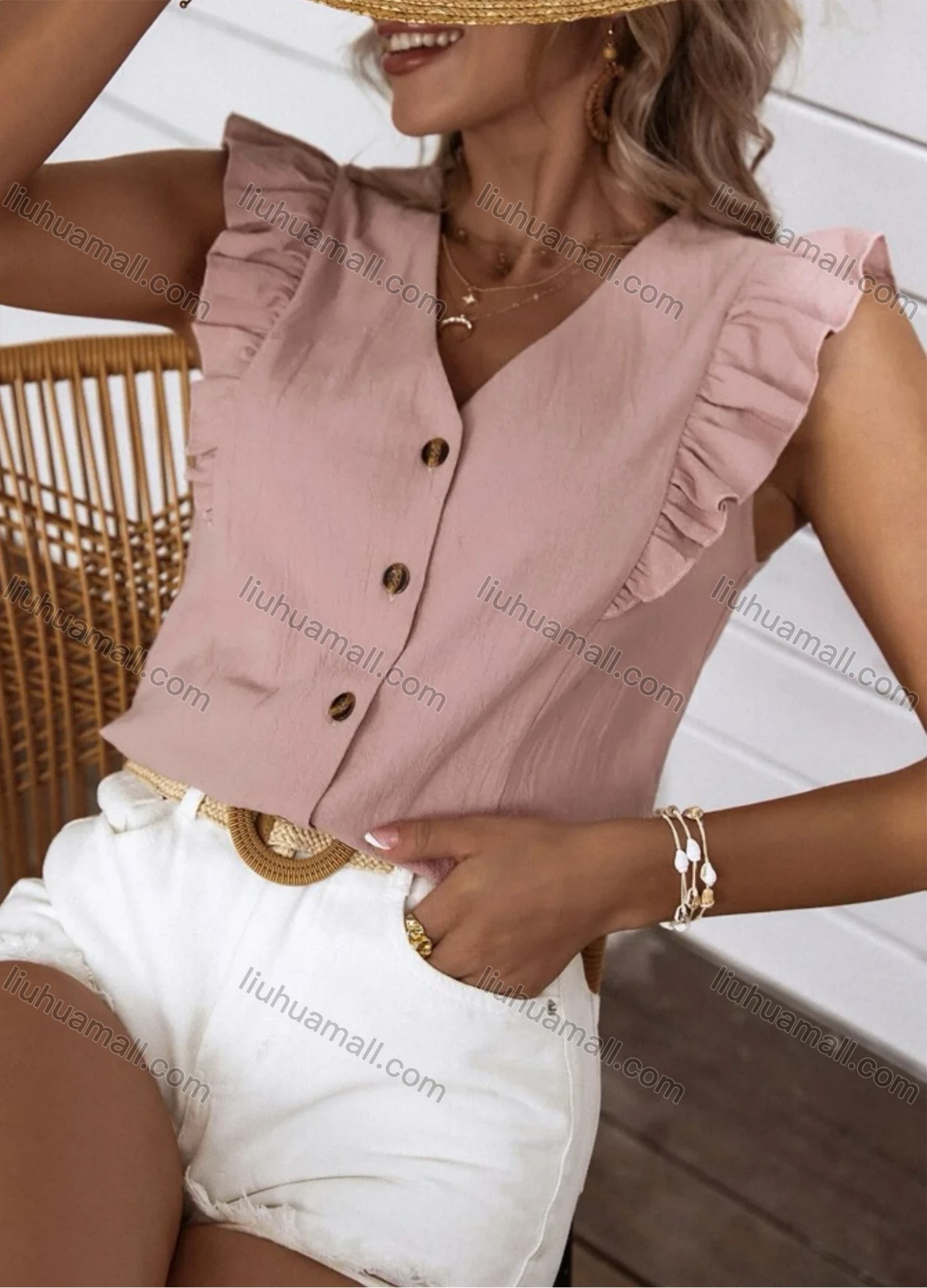 Wholesale Women's Casual Plain V Neck Button Down Ruffle Trim Blouse - Liuhuamall