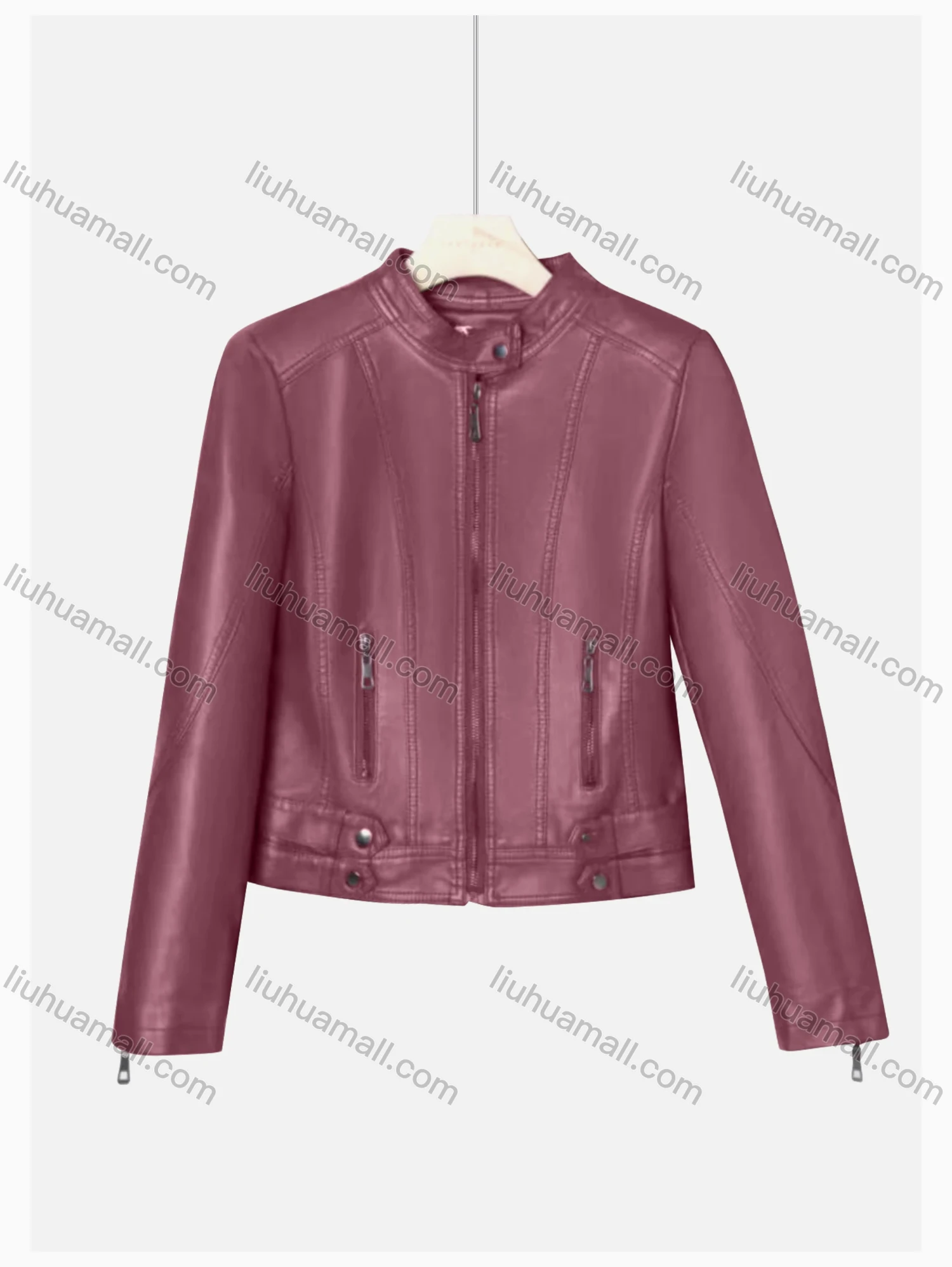 Wholesale Women's Casual Stand Collar Long Sleeve Zipper Plain Leather Biker Jacket - Liuhuamall