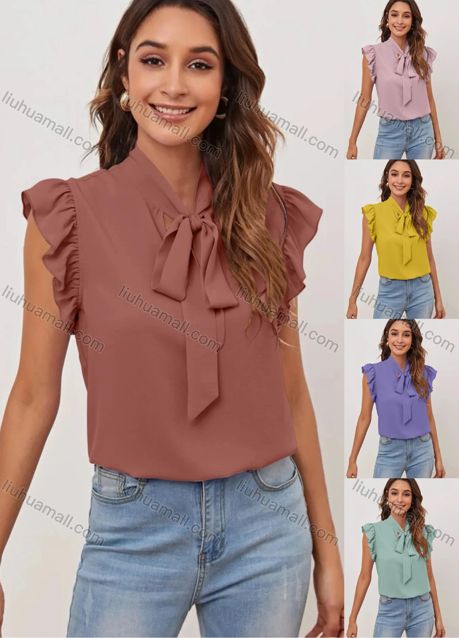 Wholesale Women's Casual Plain Tie Neck Ruffle Sleeve Blouse - Liuhuamall