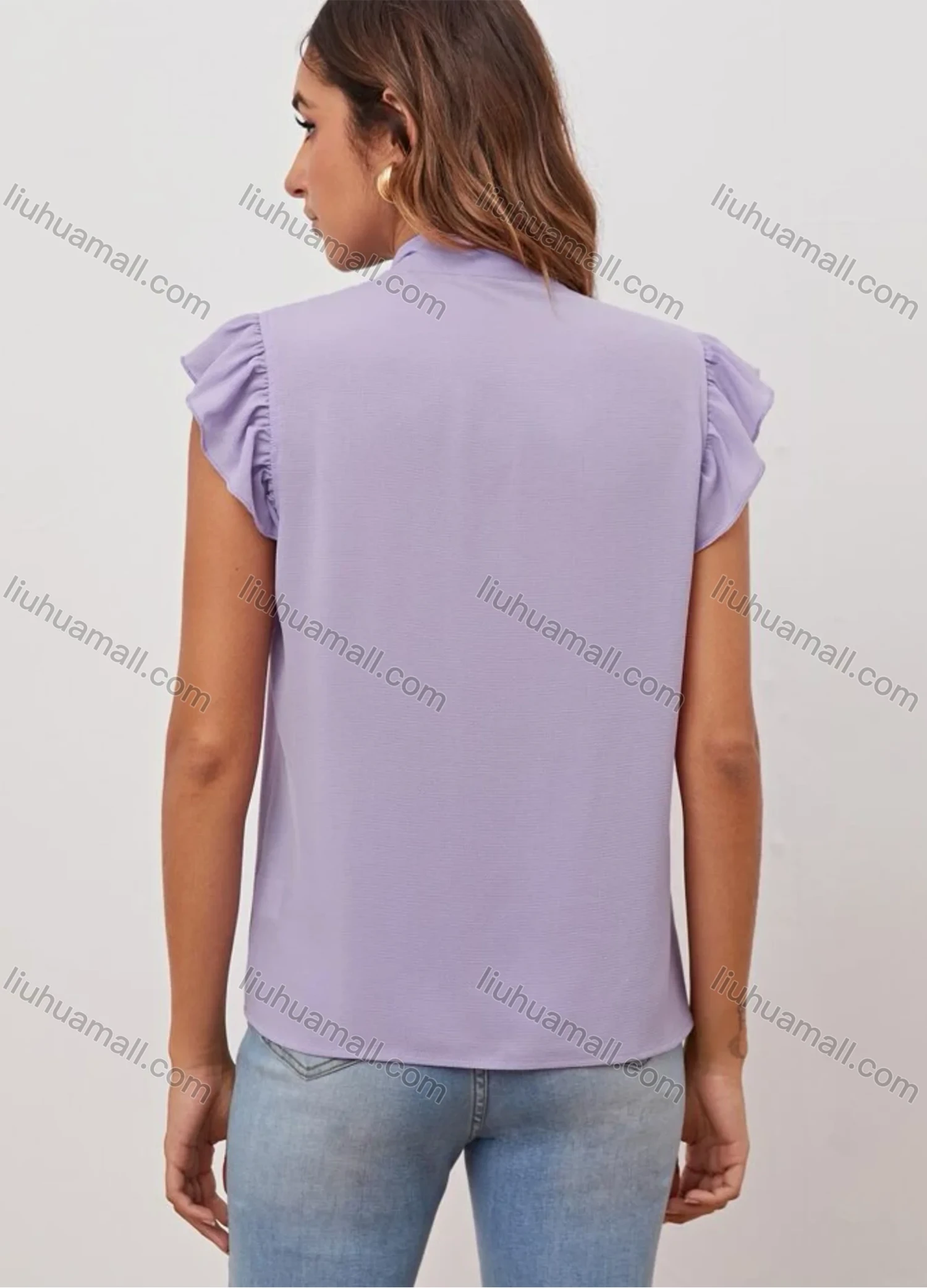Wholesale Women's Casual Plain Tie Neck Ruffle Sleeve Blouse - Liuhuamall
