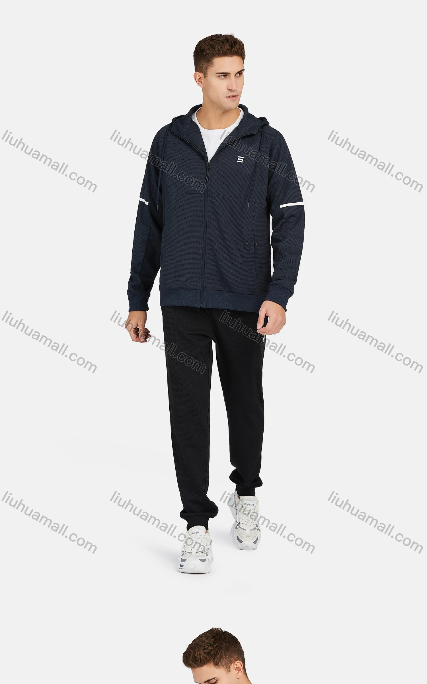 Wholesale Men's Athletic Plain Long Sleeve Waffle Knit Zipper Pockets Drawstring Hooded Jackets - Liuhuamall