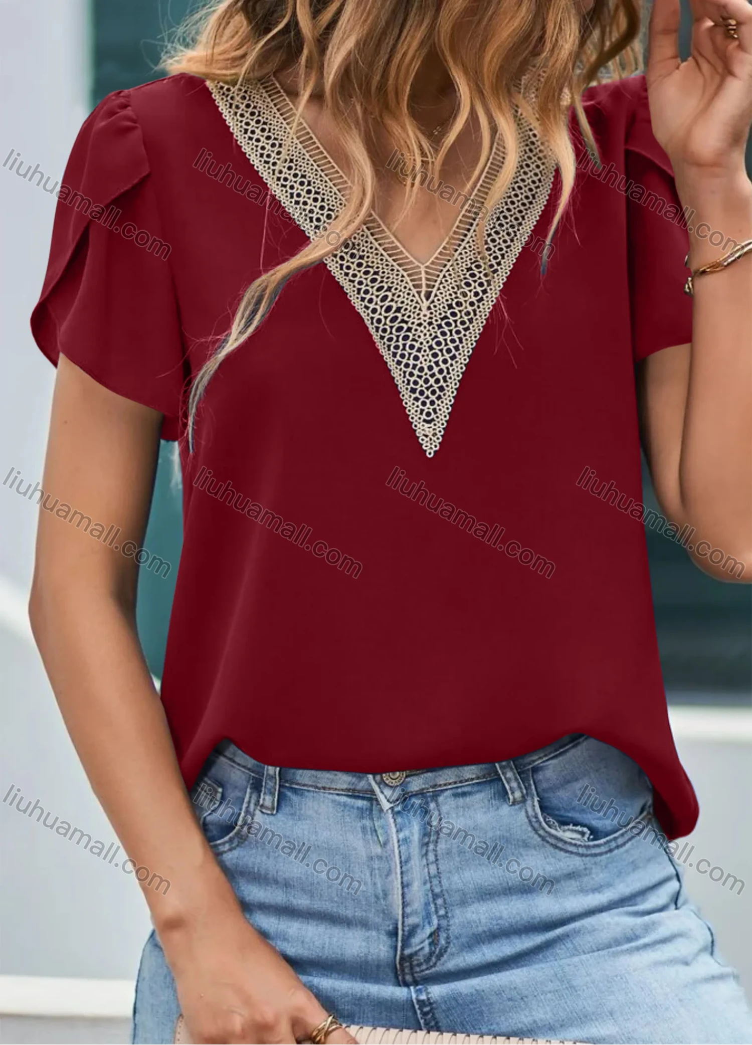 Wholesale Women's Casual Plain V Neck Lace Trim Short Sleeve Blouse - Liuhuamall