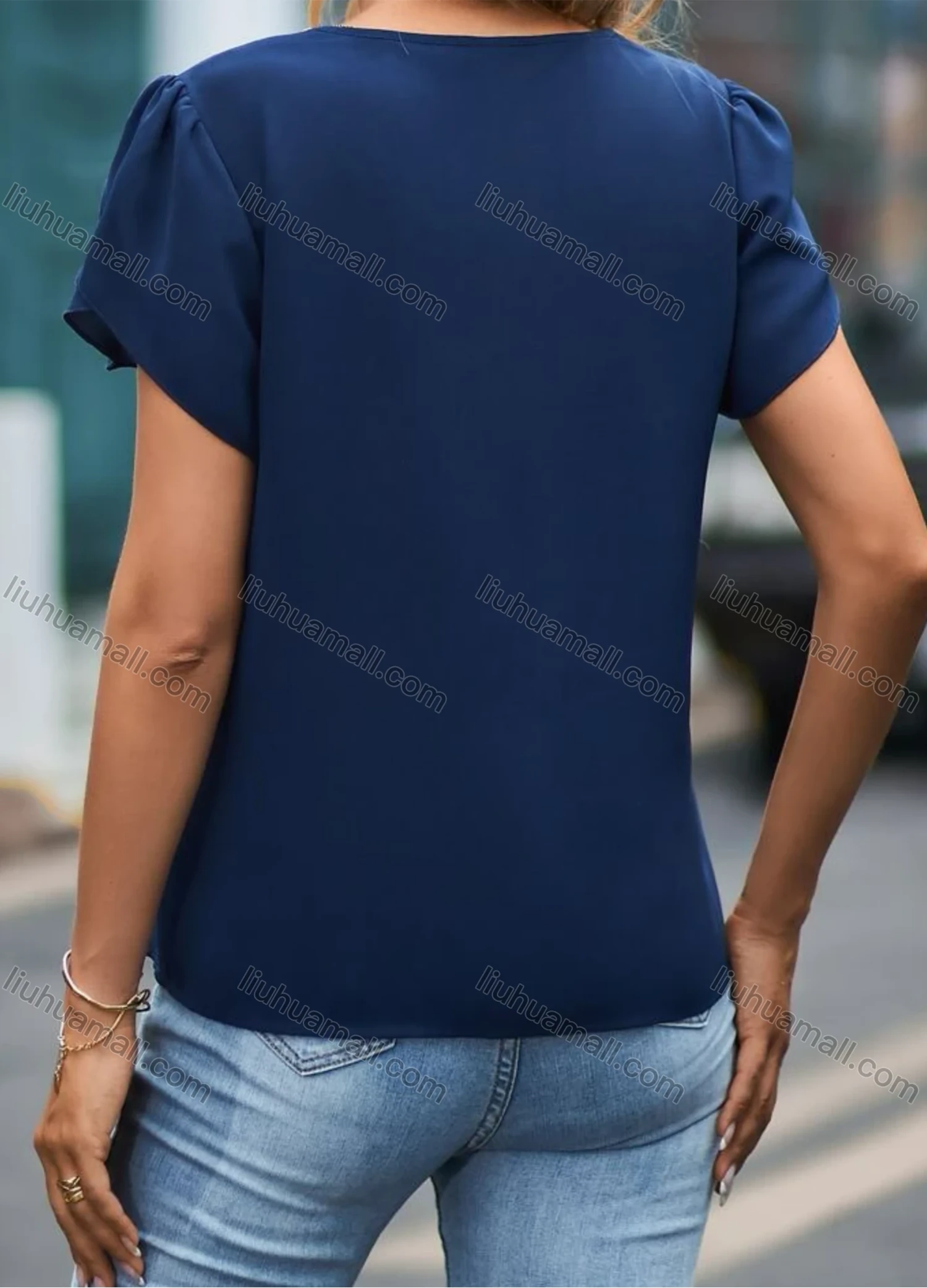 Wholesale Women's Casual Plain V Neck Lace Trim Short Sleeve Blouse - Liuhuamall