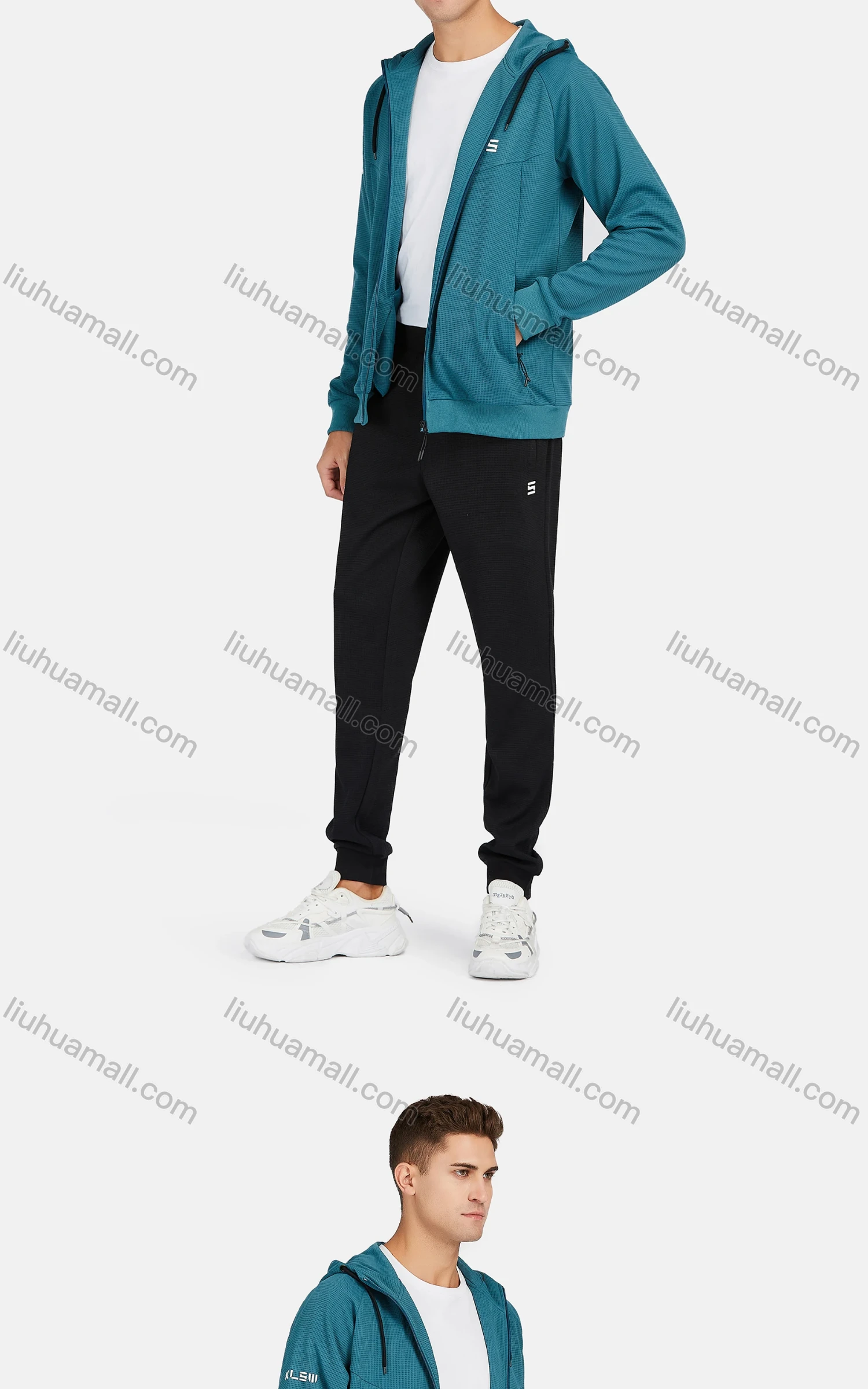 Wholesale Men's Athletic Long Sleeve Waffle Knit Plain Drawstring Pockets Hooded Jackets - Liuhuamall