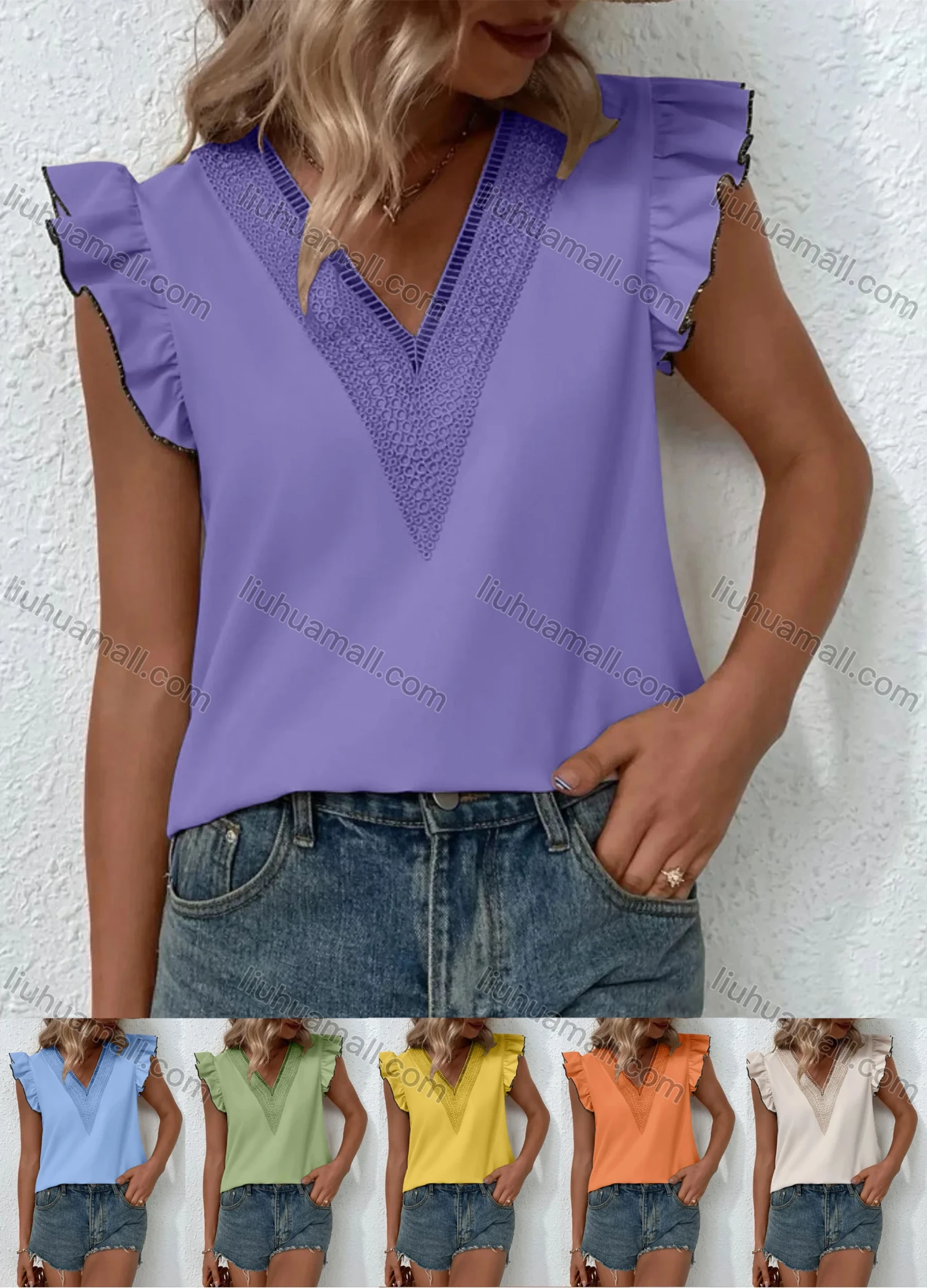 Wholesale Women's Casual Plain V Neck Lace Trim Ruffle Sleeve Blouse - Liuhuamall
