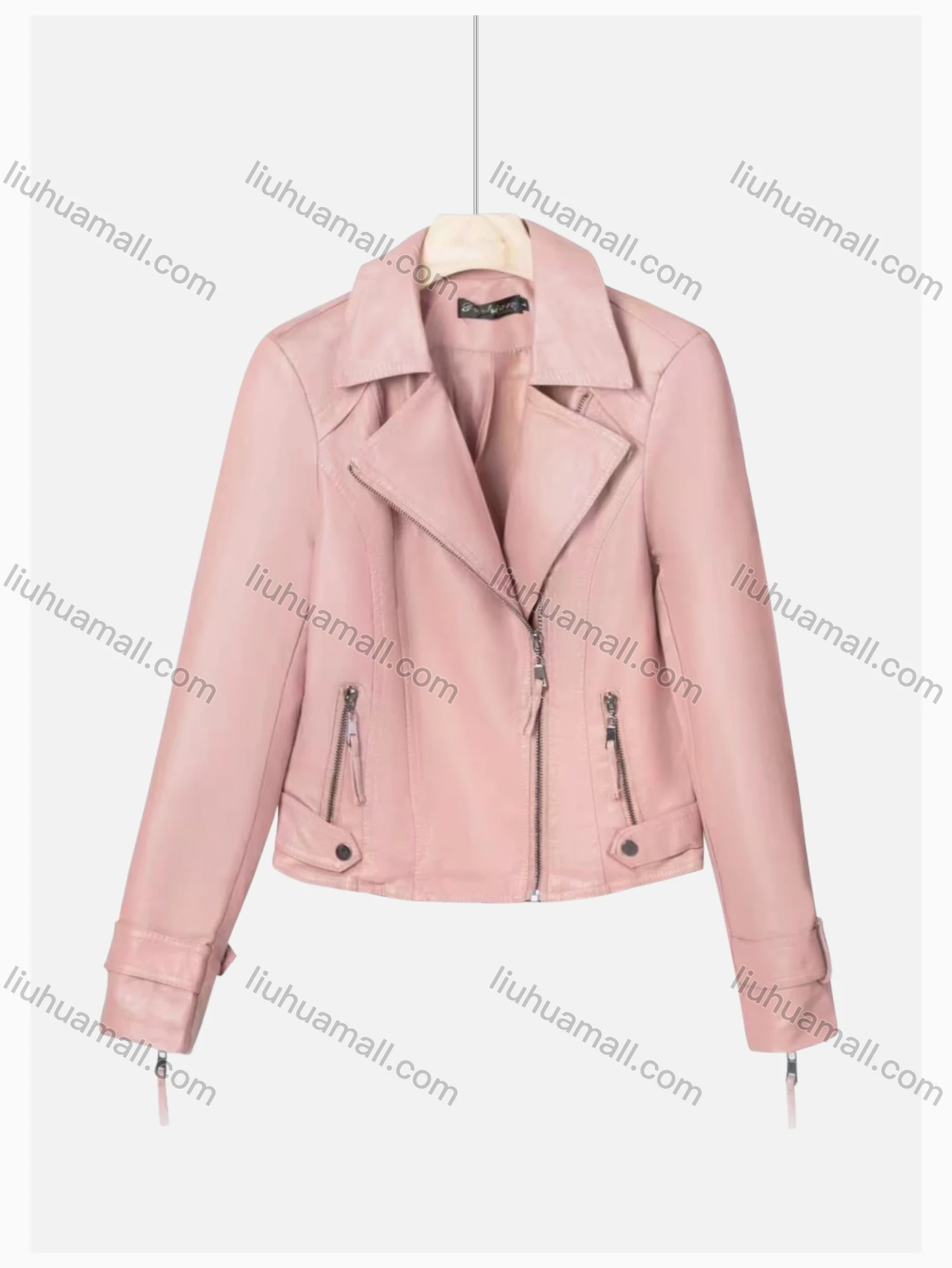 Wholesale Women's Casual Lapel Long Sleeve Zipper Plain Leather Crop Biker Jacket - Liuhuamall