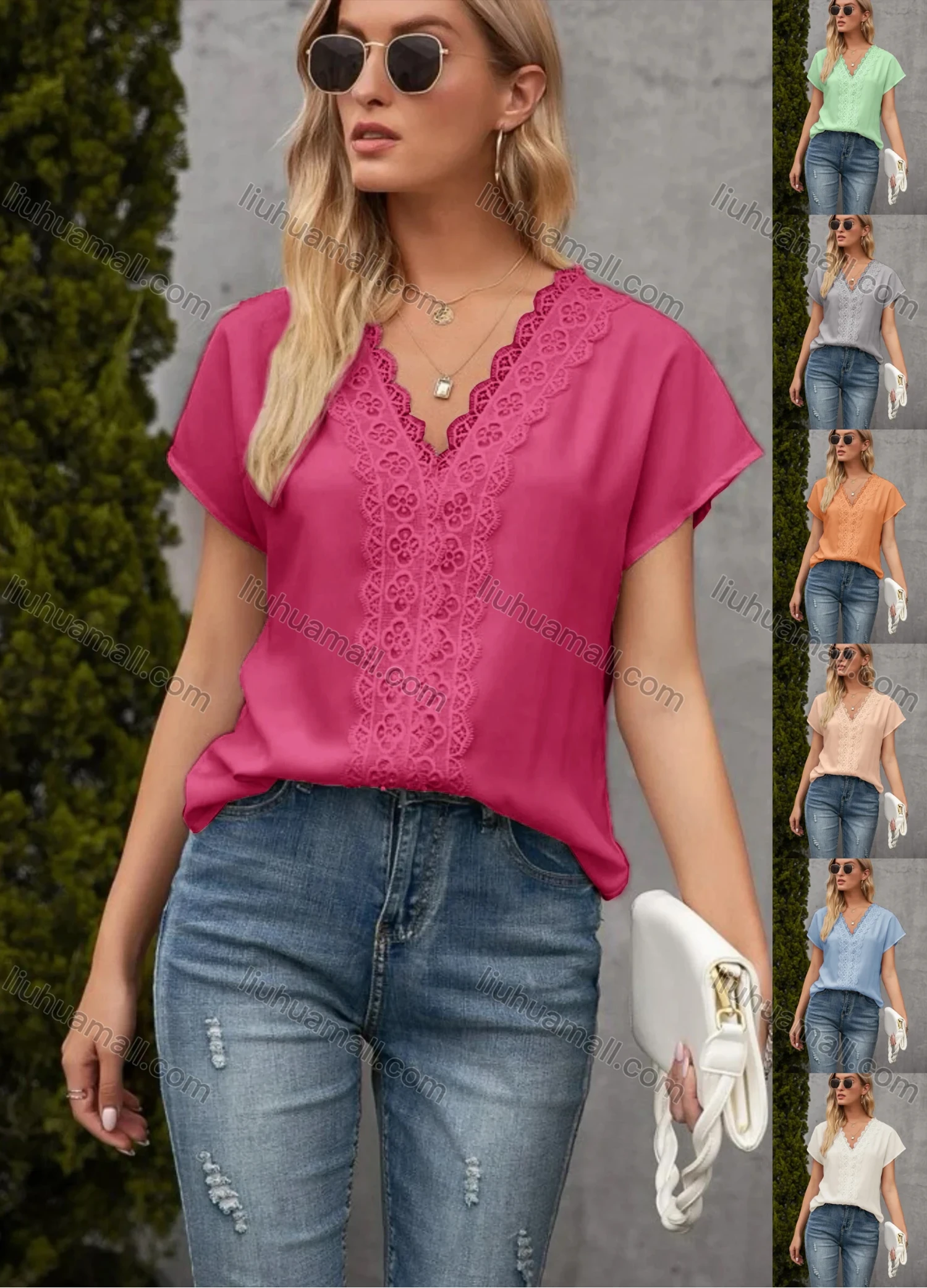 Wholesale Women's Casual Plain V Neck Lace Trim Short Sleeve Blouse - Liuhuamall