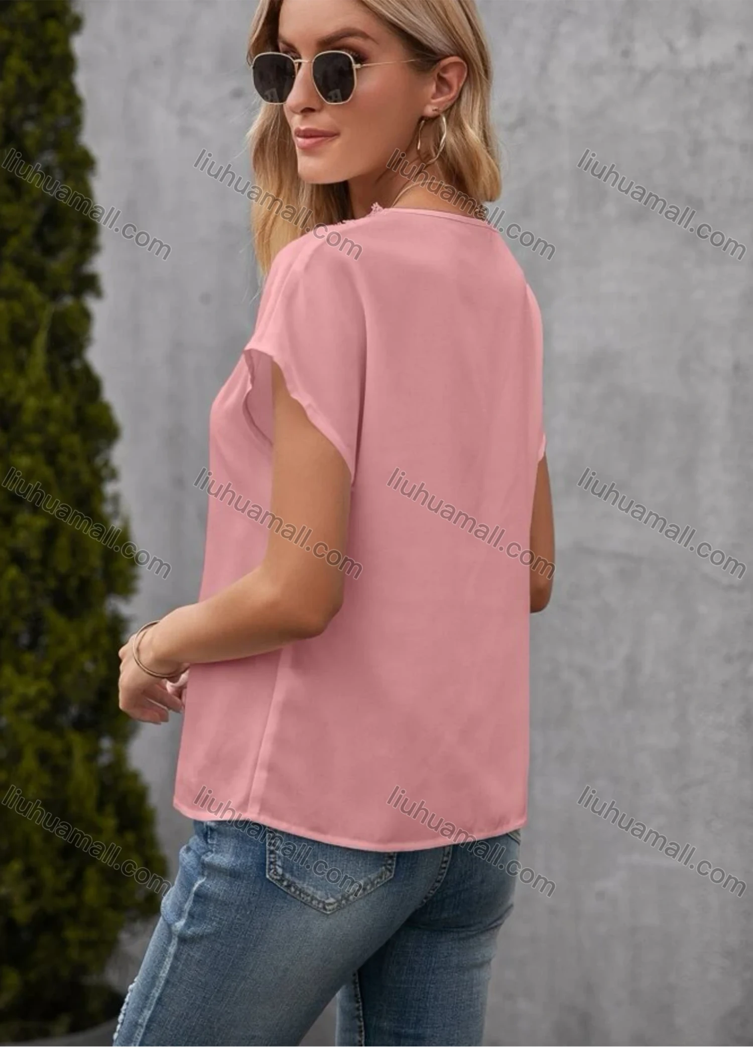 Wholesale Women's Casual Plain V Neck Lace Trim Short Sleeve Blouse - Liuhuamall