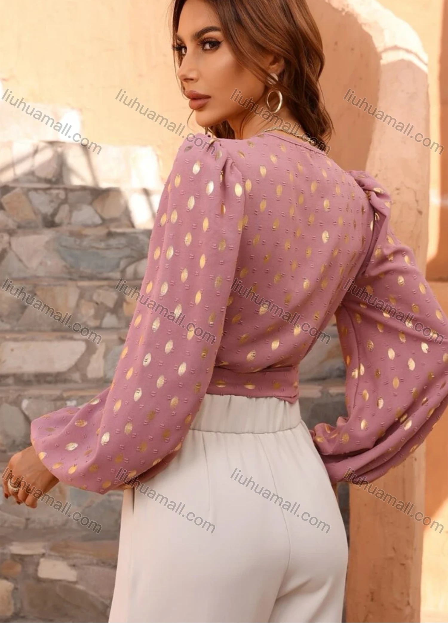 Wholesale Women's Casual Polka Dot Wrap V Neck Puff Sleeve Tie Front Blouse - Liuhuamall