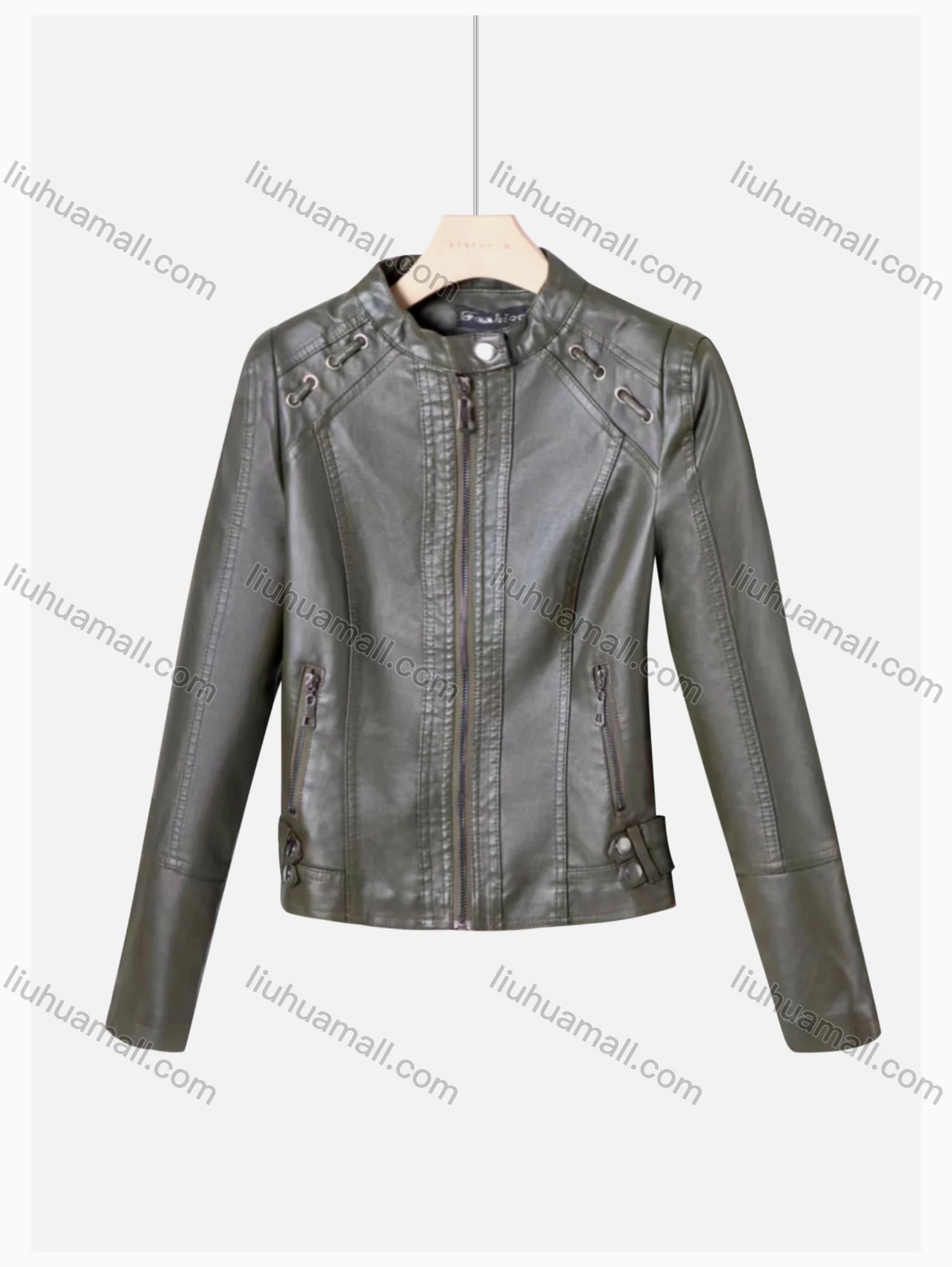 Wholesale Women's Casual Stand Collar Long Sleeve Zipper Plain Leather Crop Biker Jacket - Liuhuamall