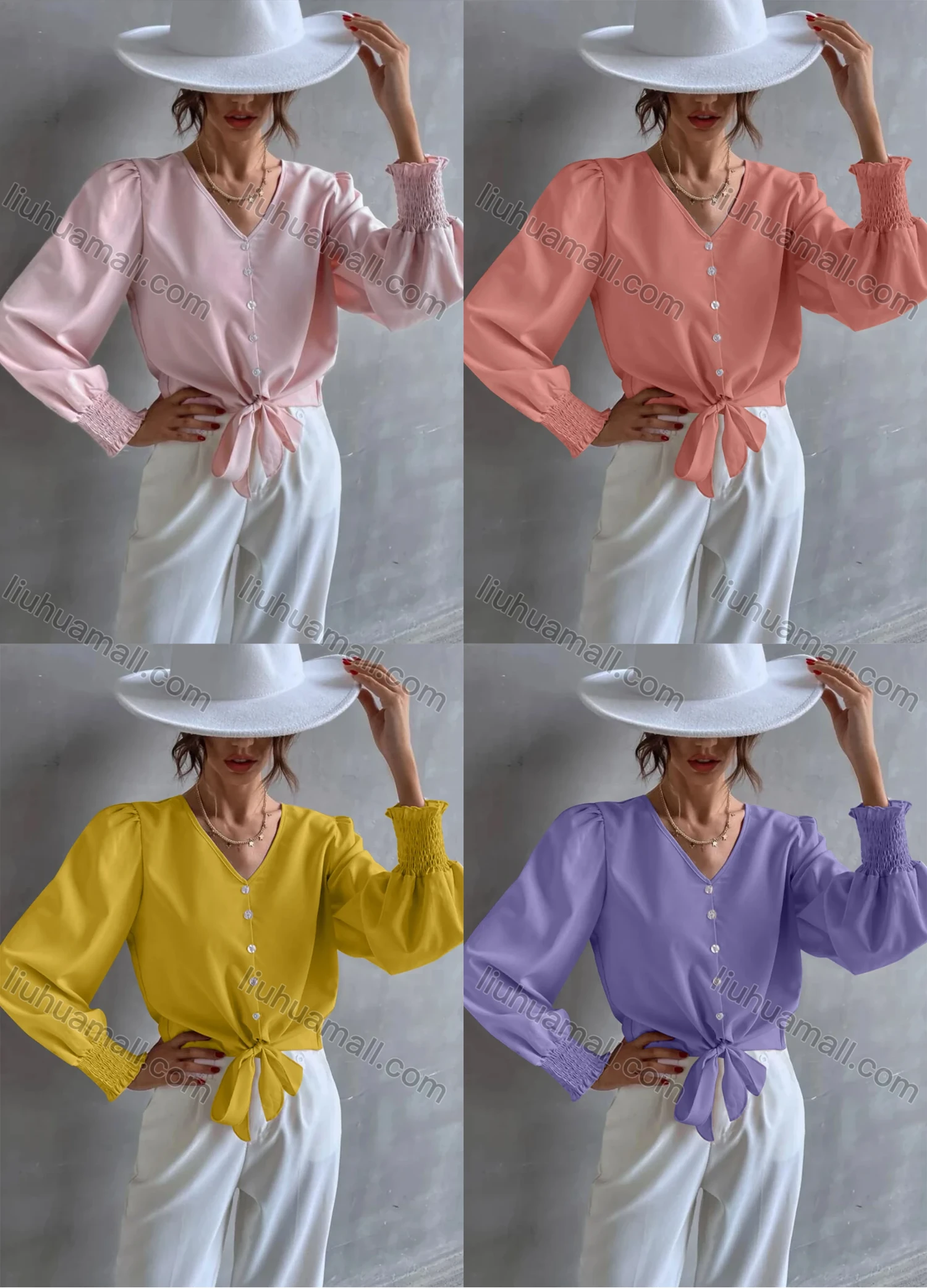 Wholesale Women's Casual Plain V Neck Button Down Long Sleeve Tie Front Blouse - Liuhuamall