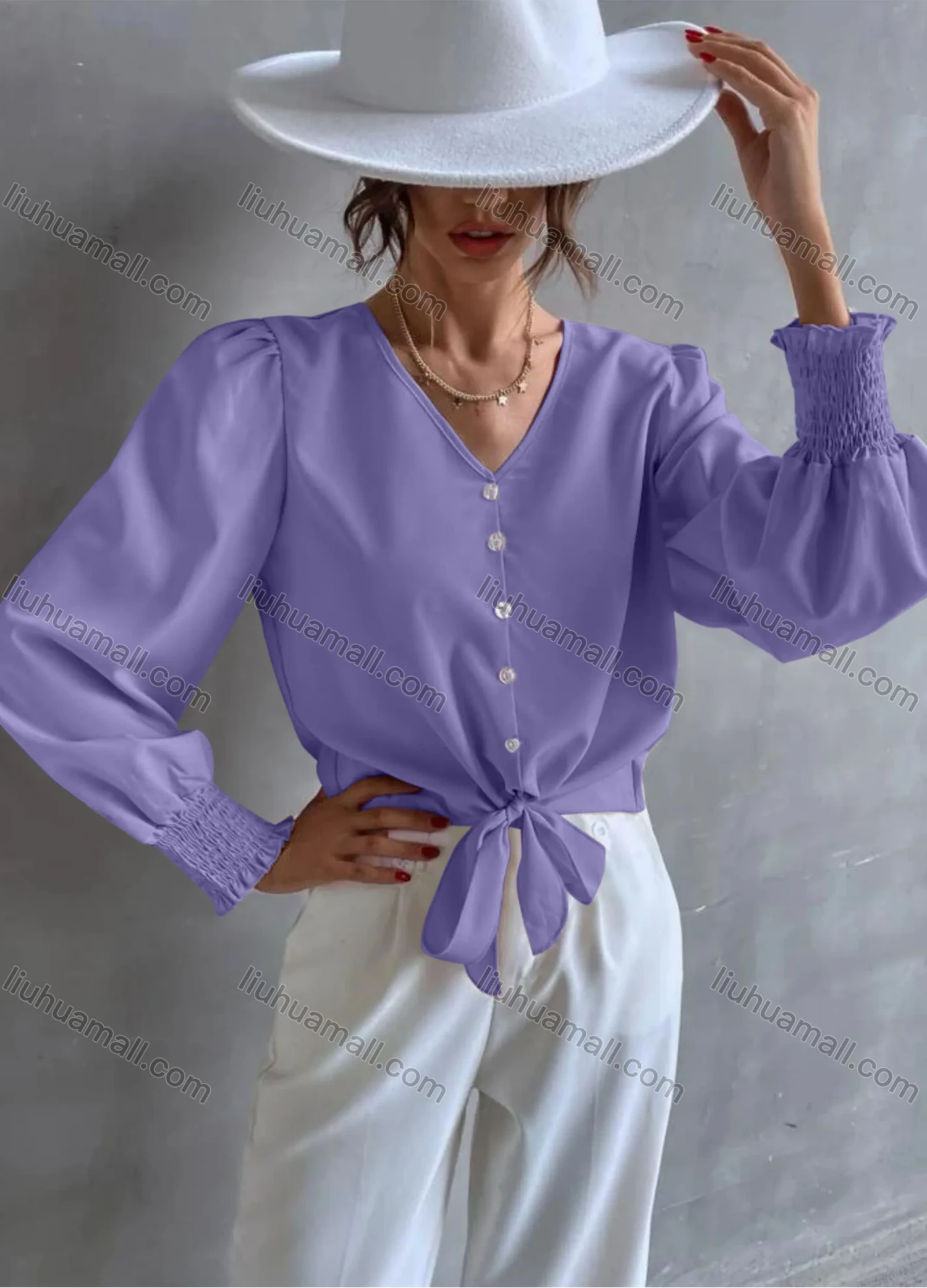 Wholesale Women's Casual Plain V Neck Button Down Long Sleeve Tie Front Blouse - Liuhuamall