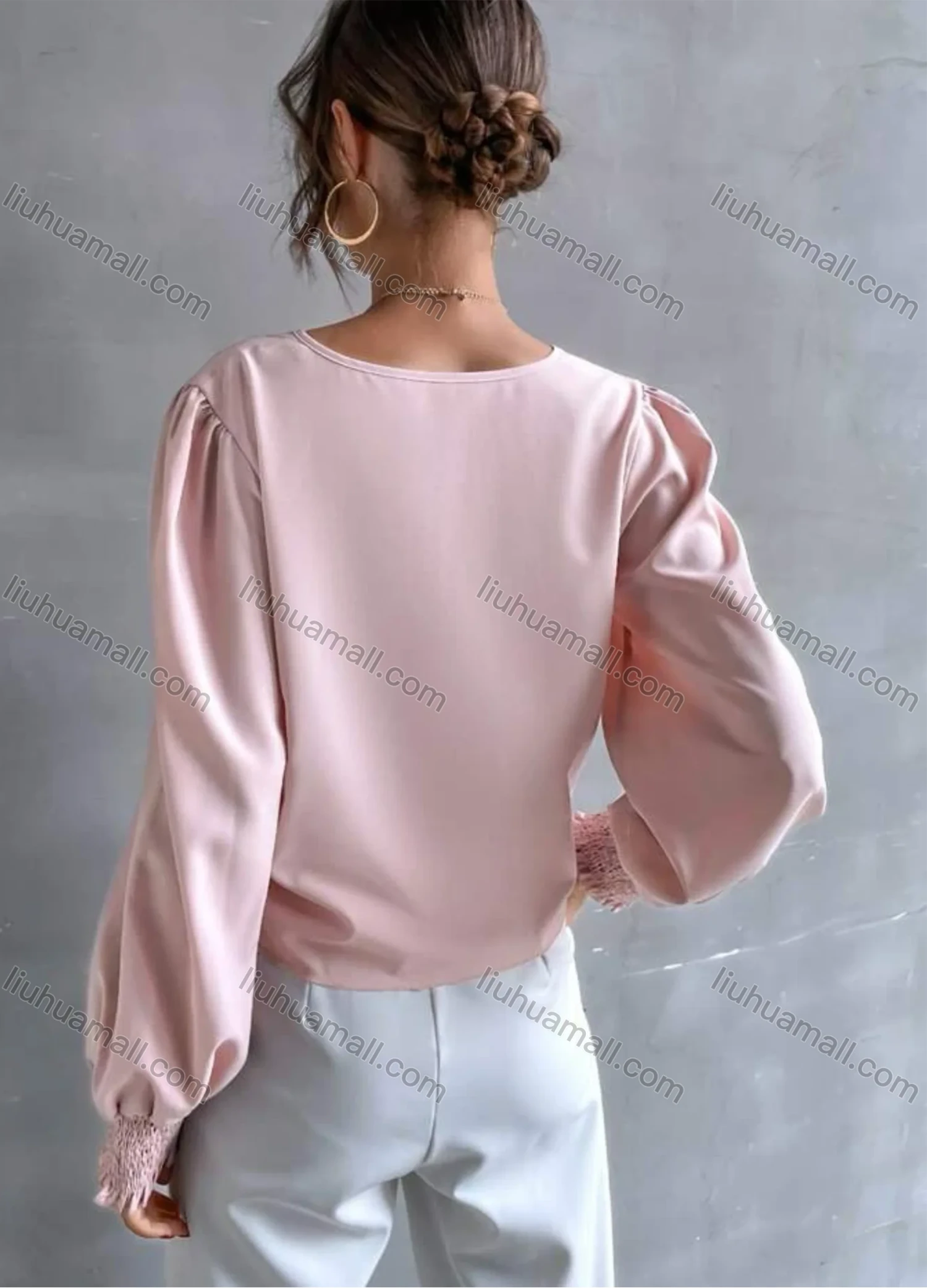 Wholesale Women's Casual Plain V Neck Button Down Long Sleeve Tie Front Blouse - Liuhuamall