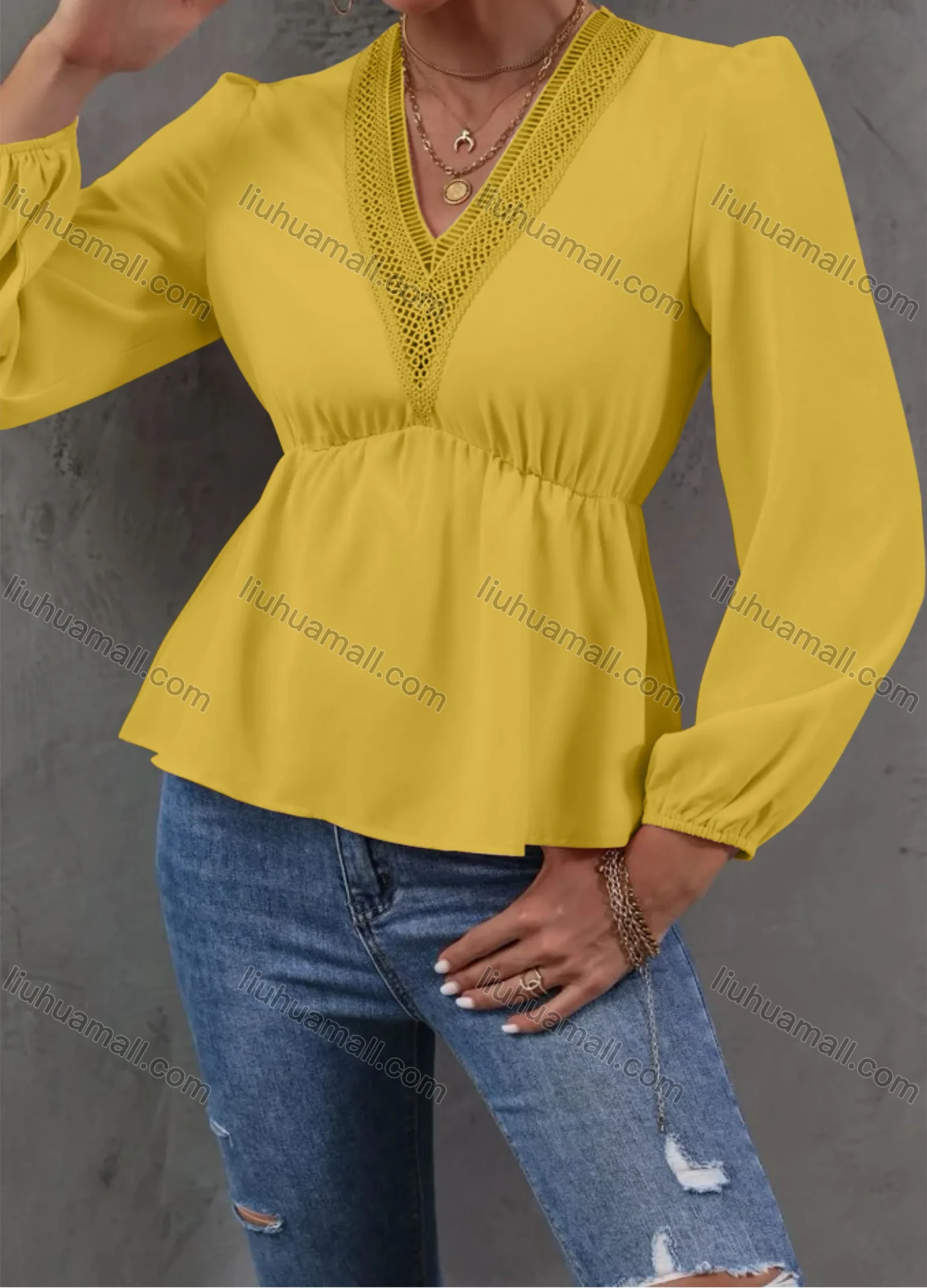 Wholesale Women's Casual Plain V Neck Lace Trim Long Sleeve Blouse - Liuhuamall