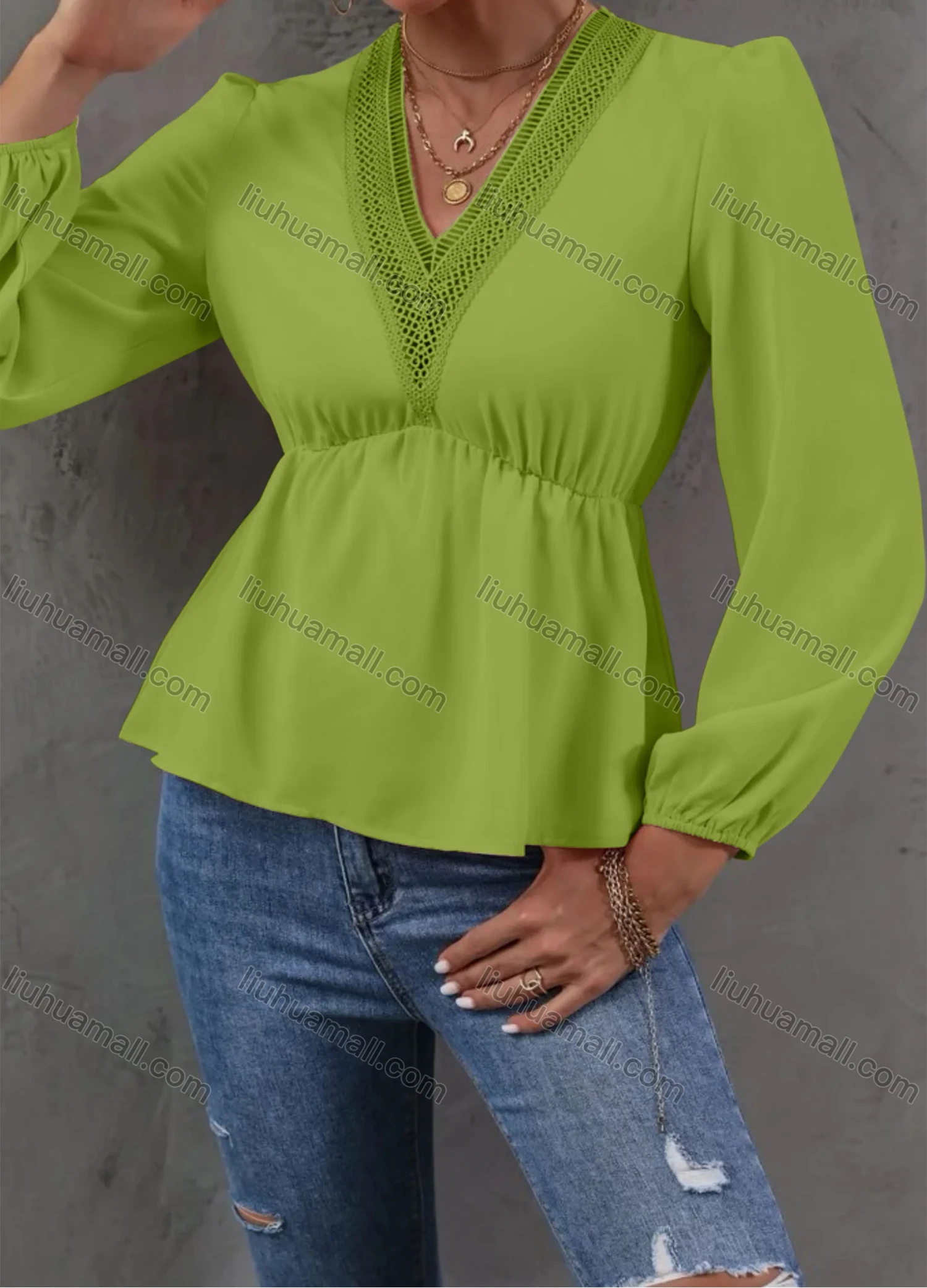 Wholesale Women's Casual Plain V Neck Lace Trim Long Sleeve Blouse - Liuhuamall