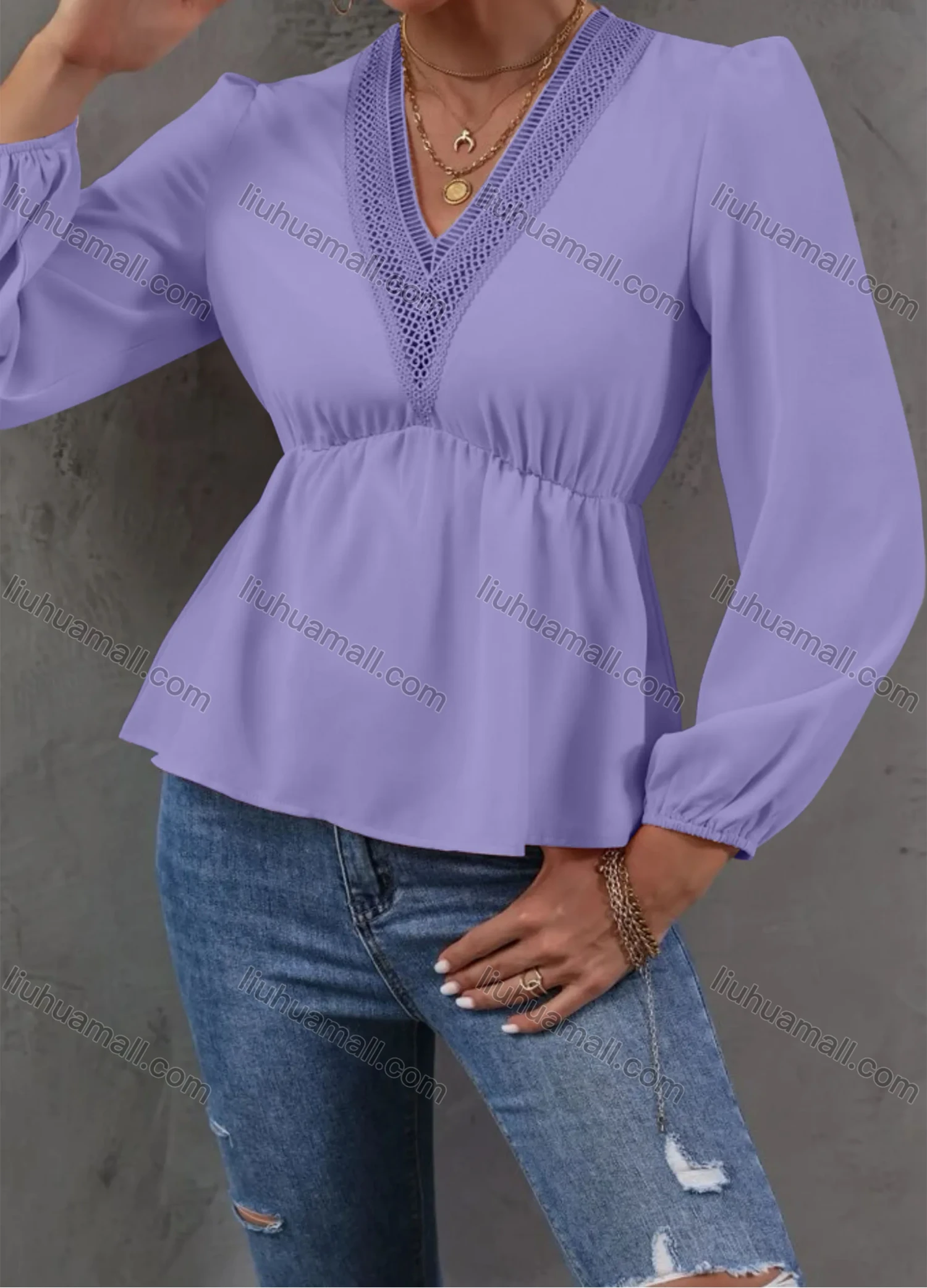 Wholesale Women's Casual Plain V Neck Lace Trim Long Sleeve Blouse - Liuhuamall