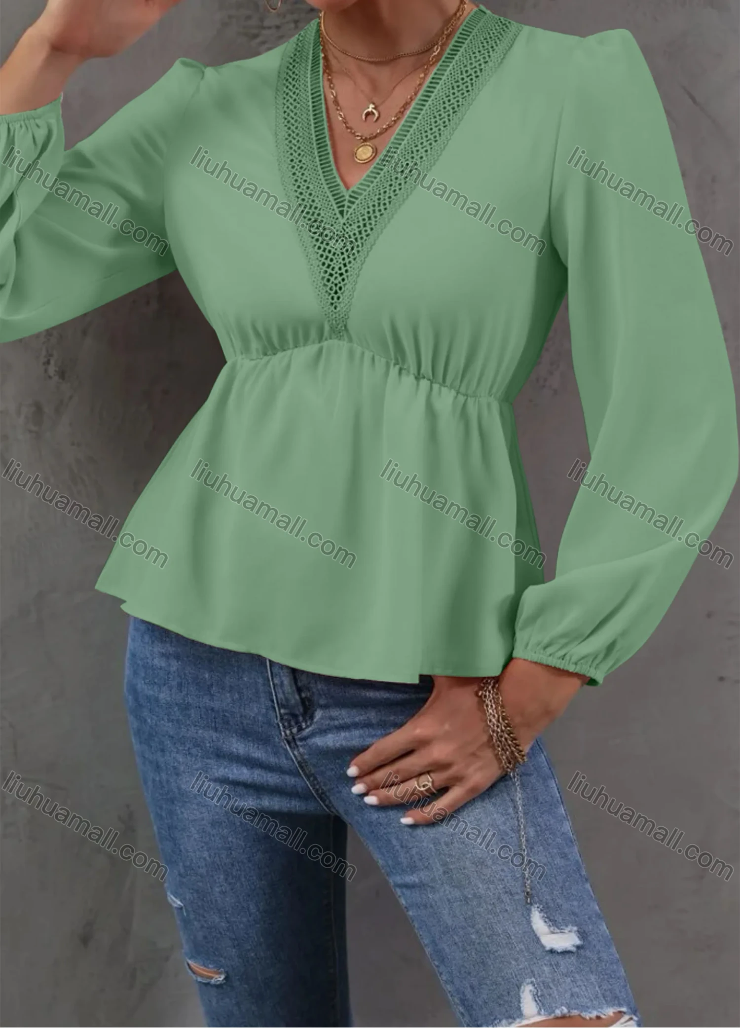 Wholesale Women's Casual Plain V Neck Lace Trim Long Sleeve Blouse - Liuhuamall