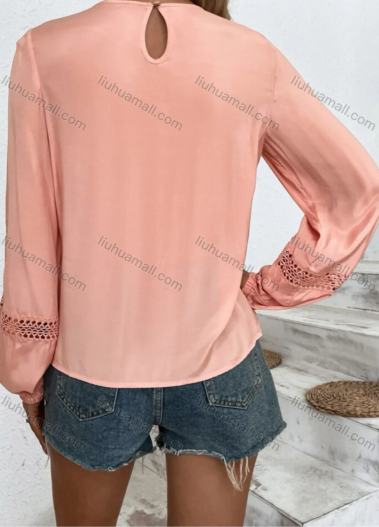 Wholesale Women's Casual Plain Round Neck Cut Out Long Sleeve Blouse - Liuhuamall