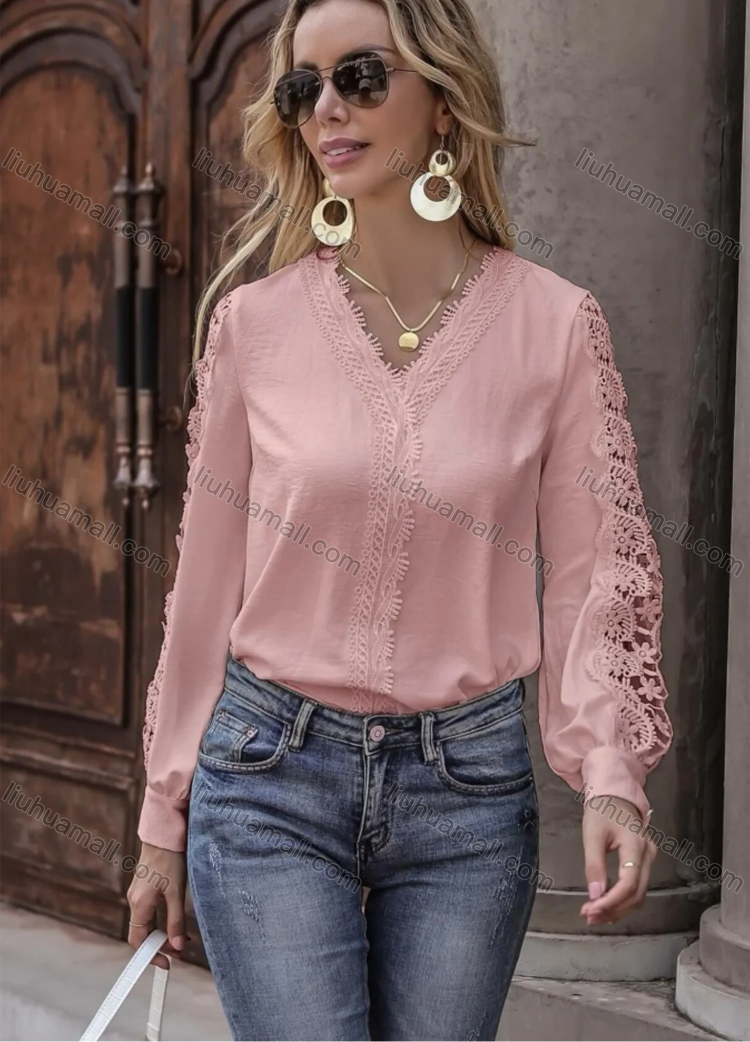 Wholesale Women's Casual Plain Lace Trim V Neck Guipure Lace Long Sleeve Blouse - Liuhuamall