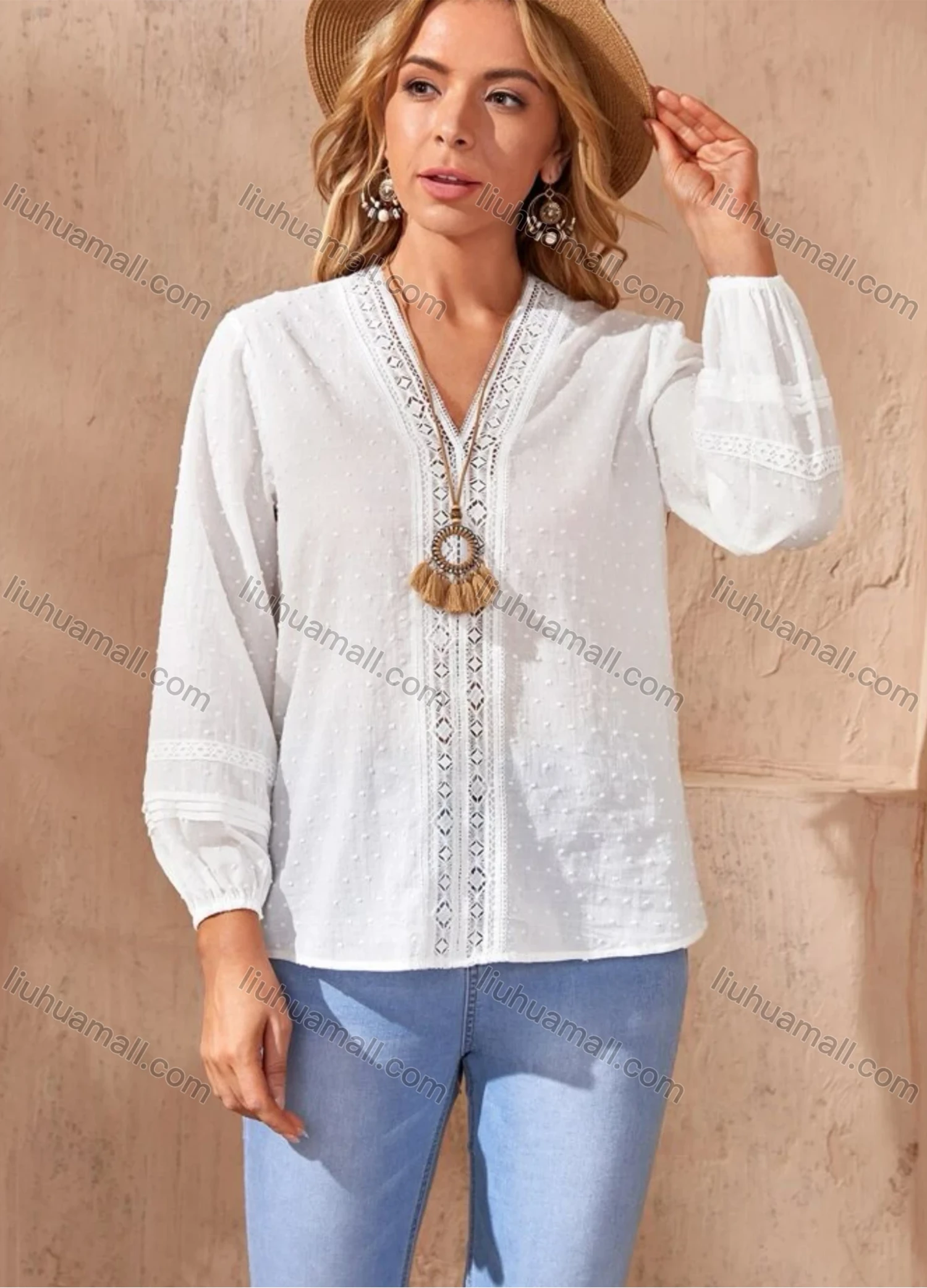 Wholesale Women's Casual Plain Swiss Dot Lace Trim V Neck Long Sleeve Blouse - Liuhuamall