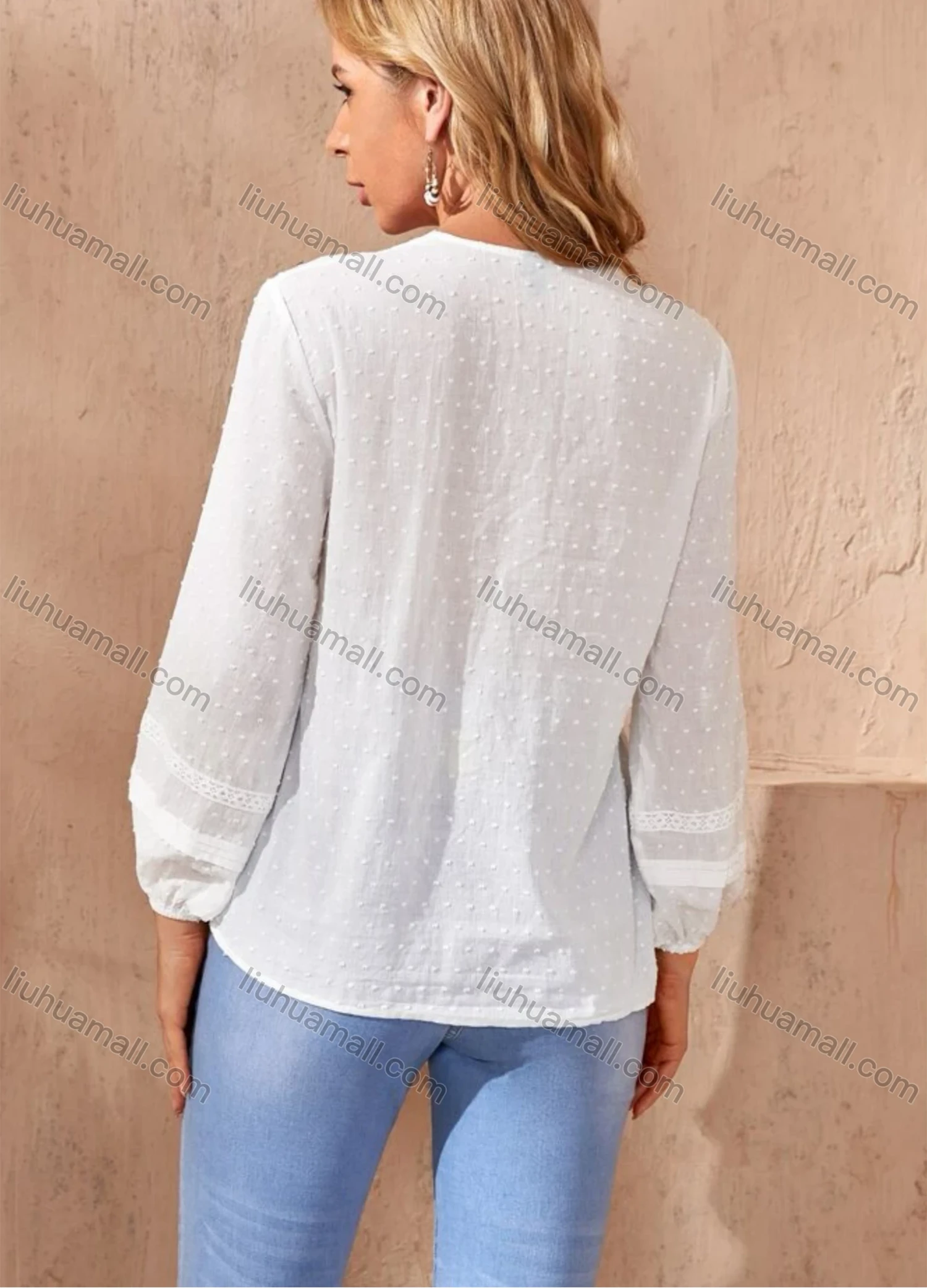 Wholesale Women's Casual Plain Swiss Dot Lace Trim V Neck Long Sleeve Blouse - Liuhuamall