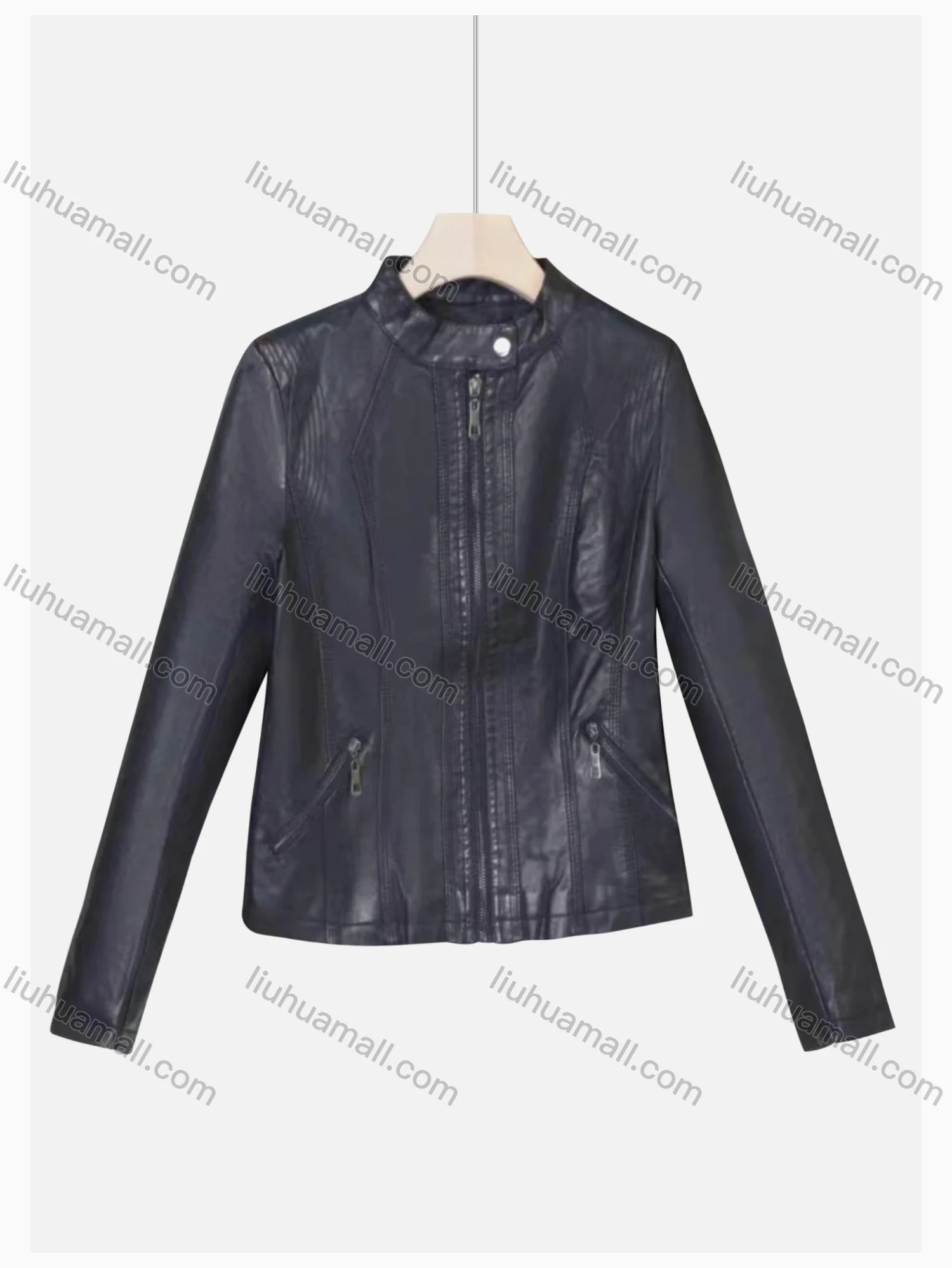 Wholesale Women's Casual Stand Collar Long Sleeve Zipper Plain Leather Crop Biker Jacket - Liuhuamall
