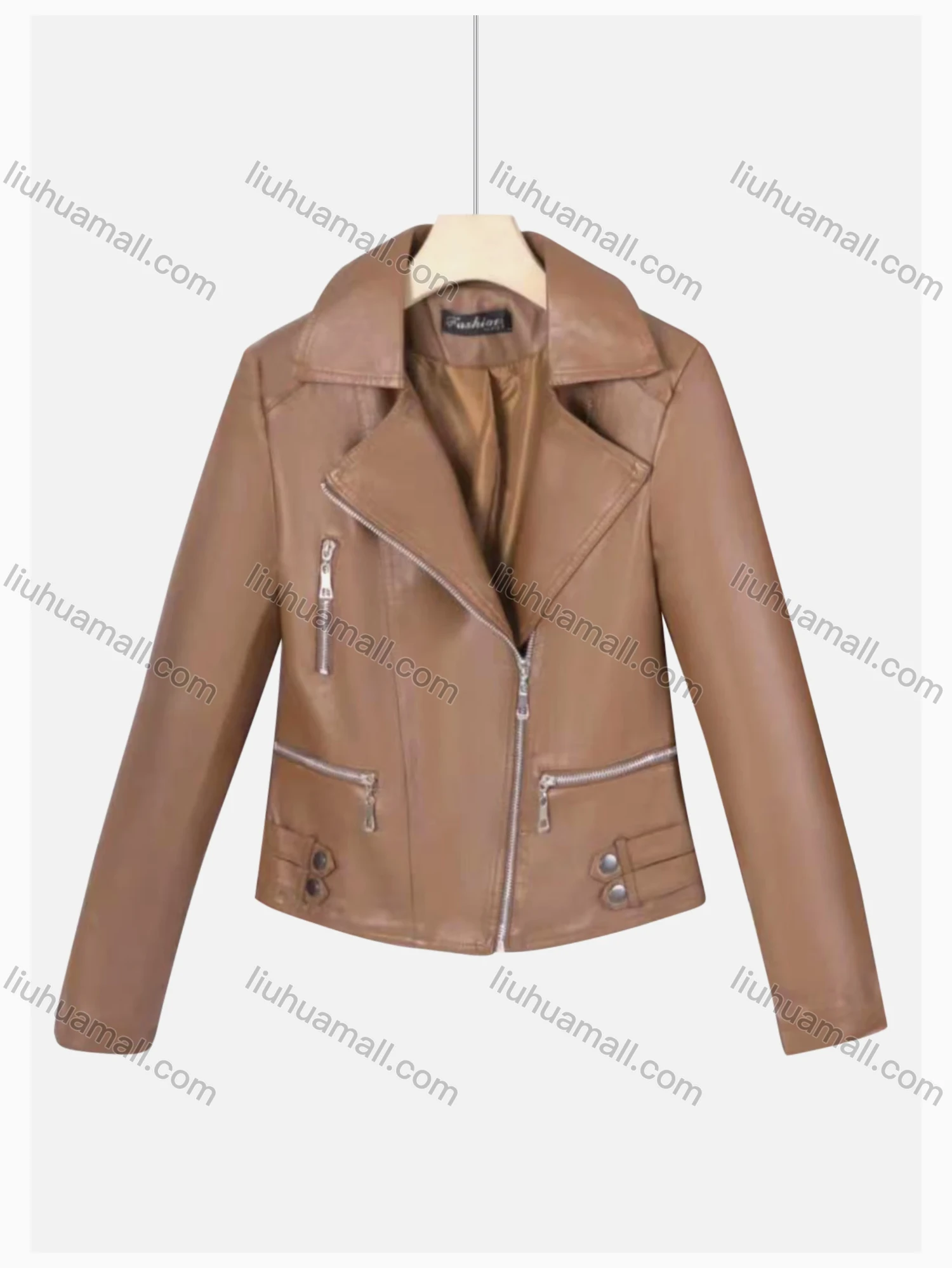 Wholesale Women's Casual Lapel Long Sleeve Zipper Plain Leather Crop Biker Jacket - Liuhuamall