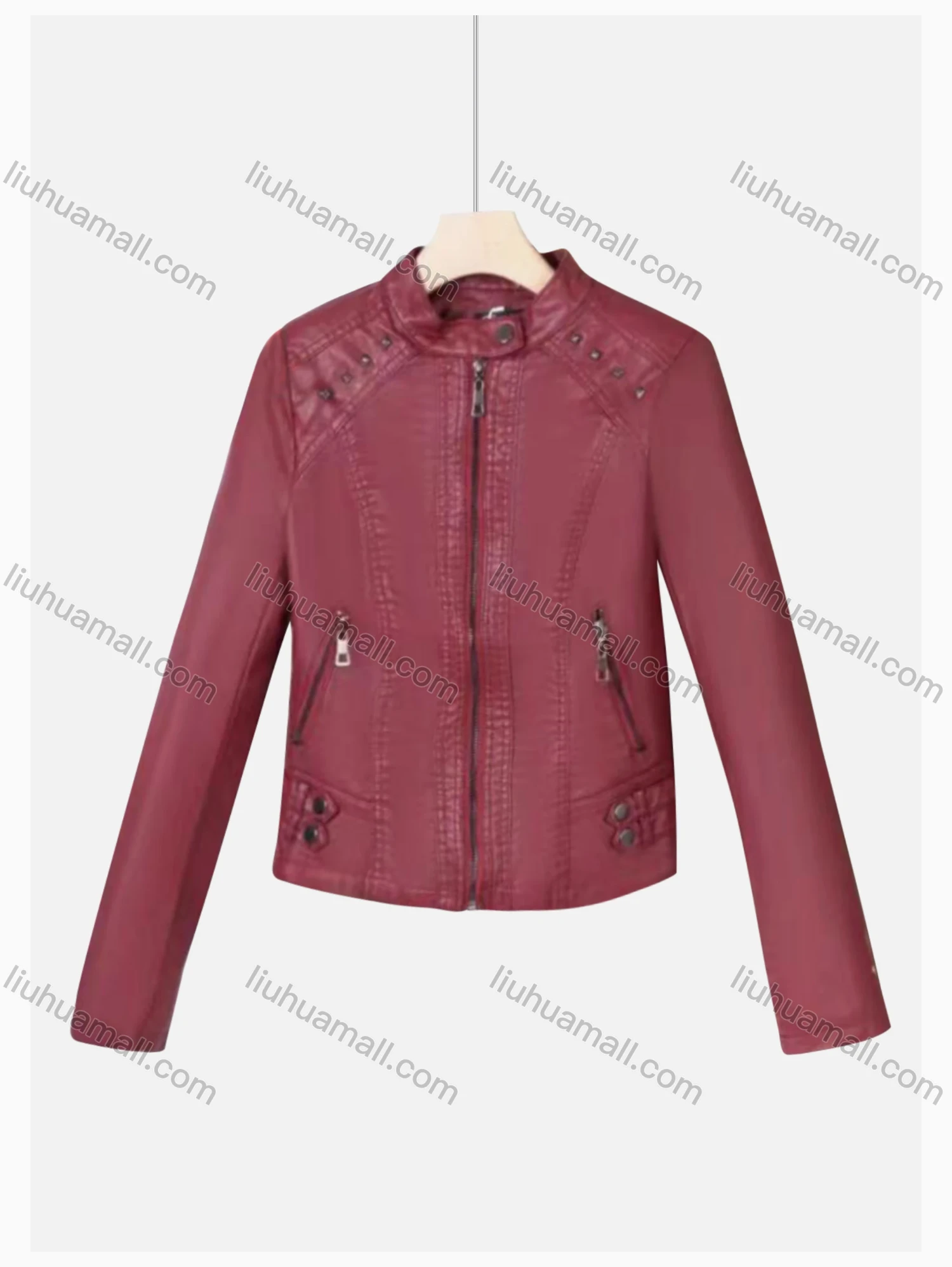 Wholesale Women's Casual Stand Collar Long Sleeve Zipper Plain Leather Crop Biker Jacket - Liuhuamall