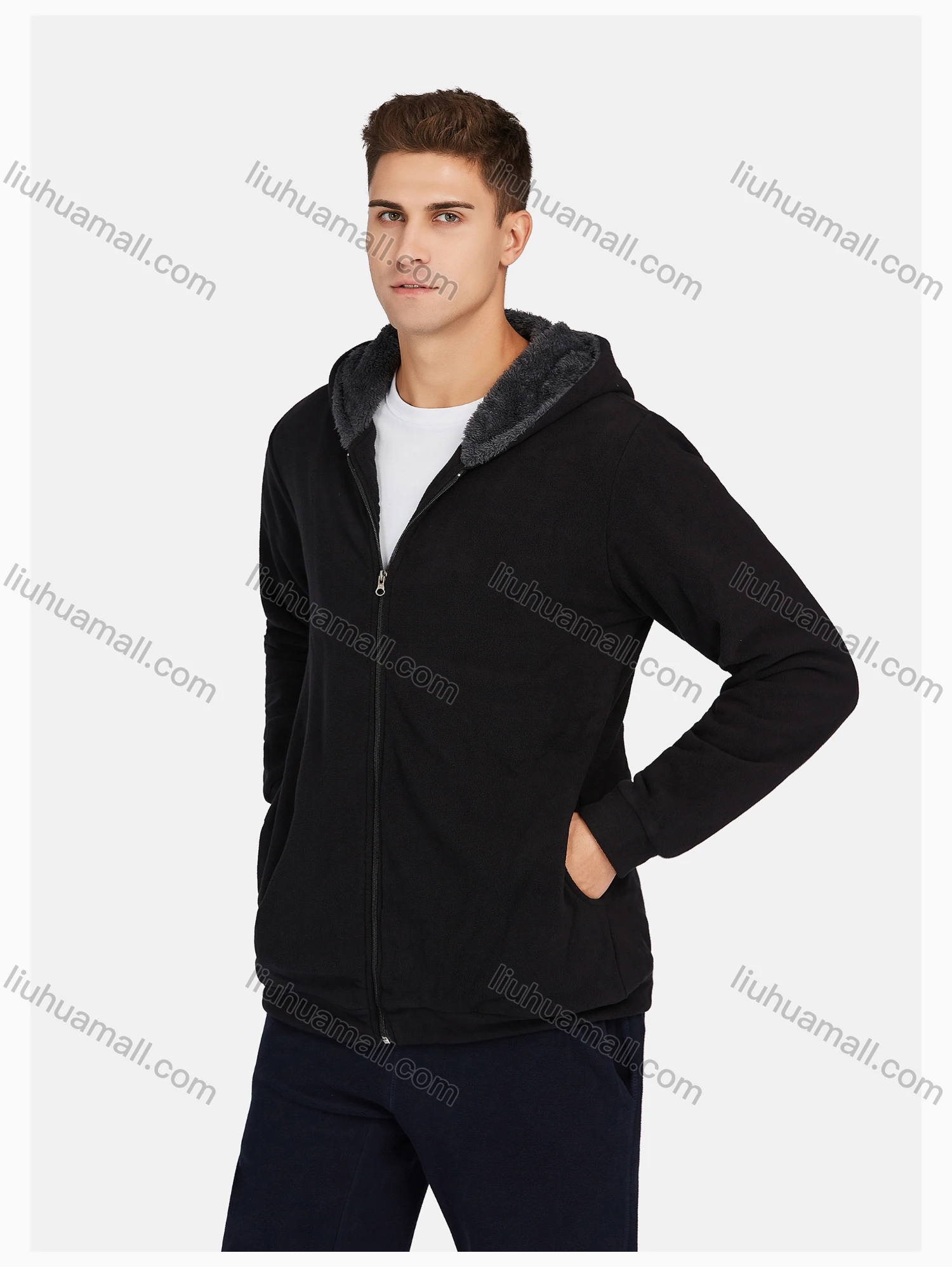 Wholesale Men's Casual Plain Zipper Warm Hooded Jacket & Pants 2 Pieces Set - Liuhuamall
